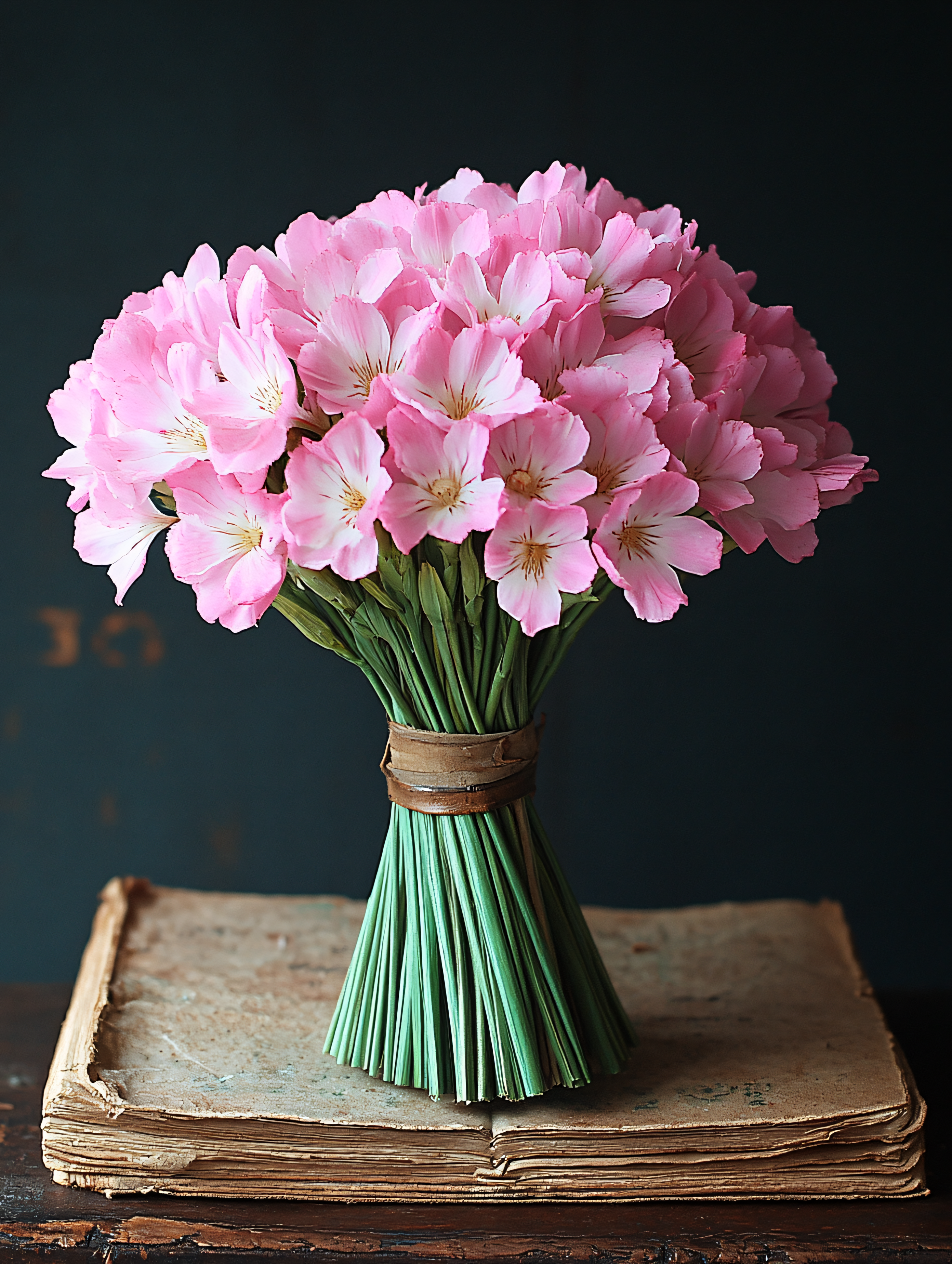 Pink Flowers Bouquet on Old Book
