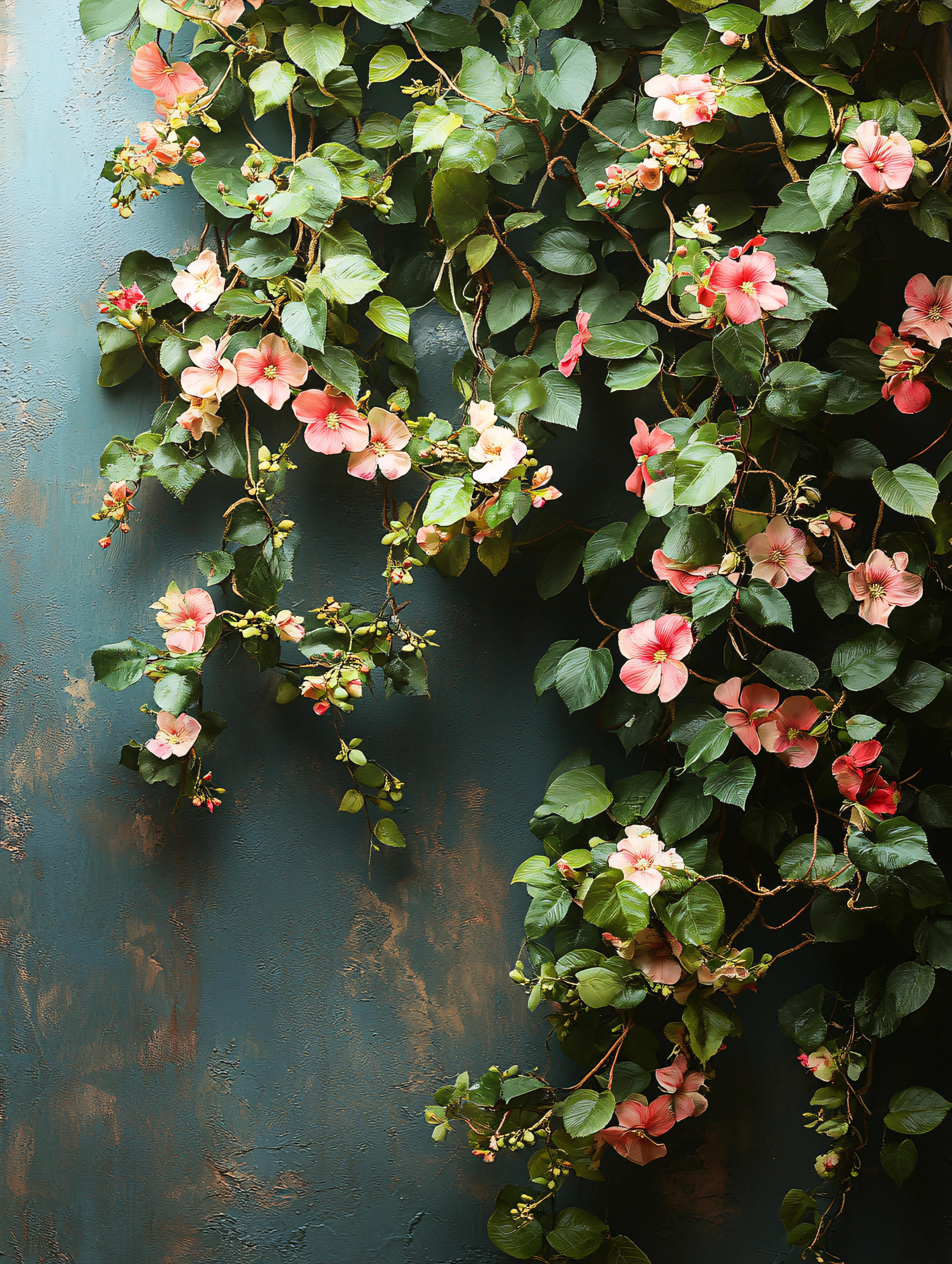 Pink Flowers on Blue Wall