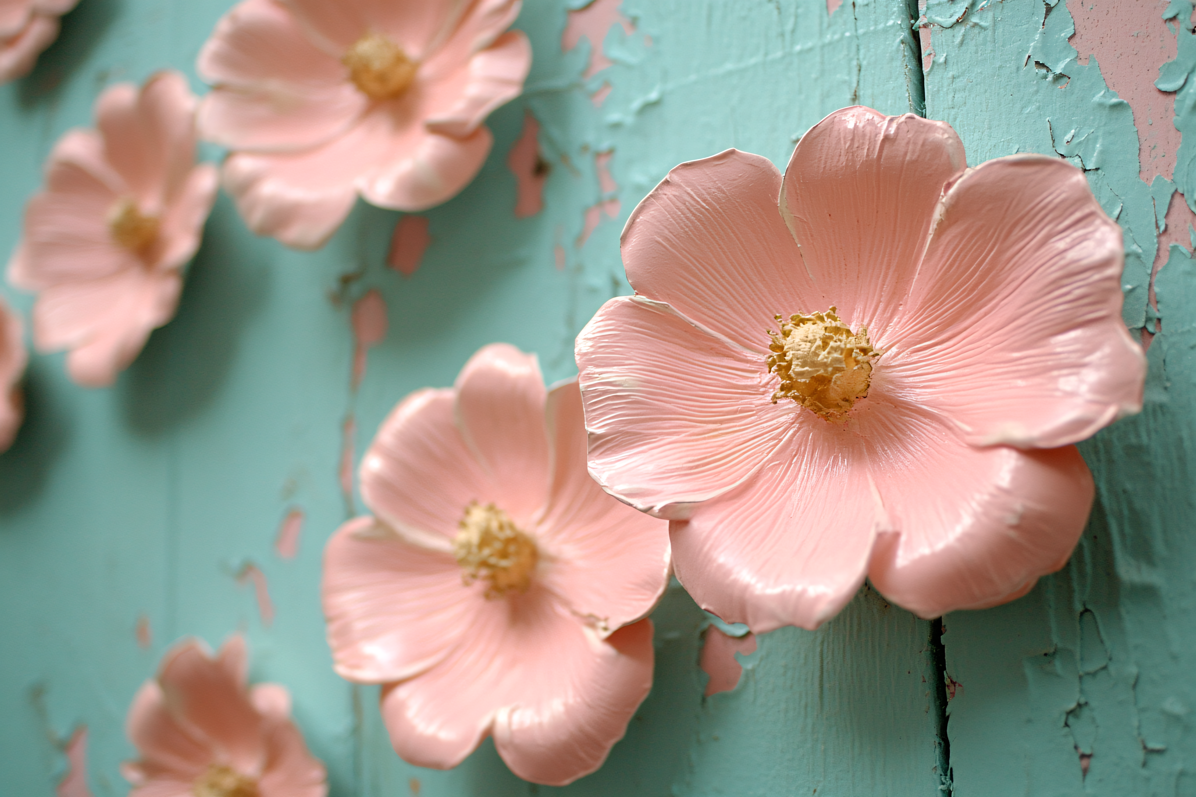 Pink Flowers on Teal Wood