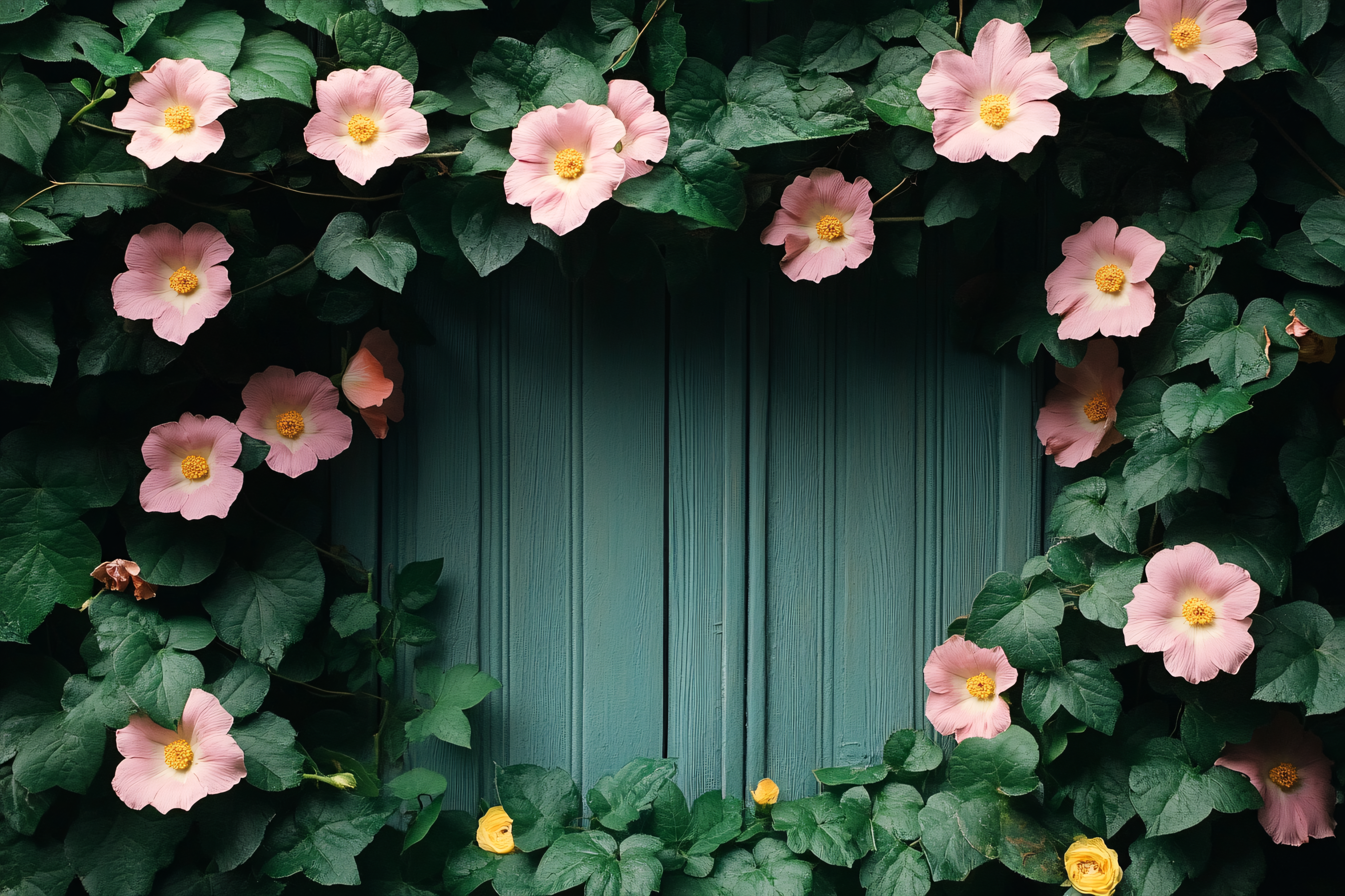 Pink Flowers On Teal Wooden Wall