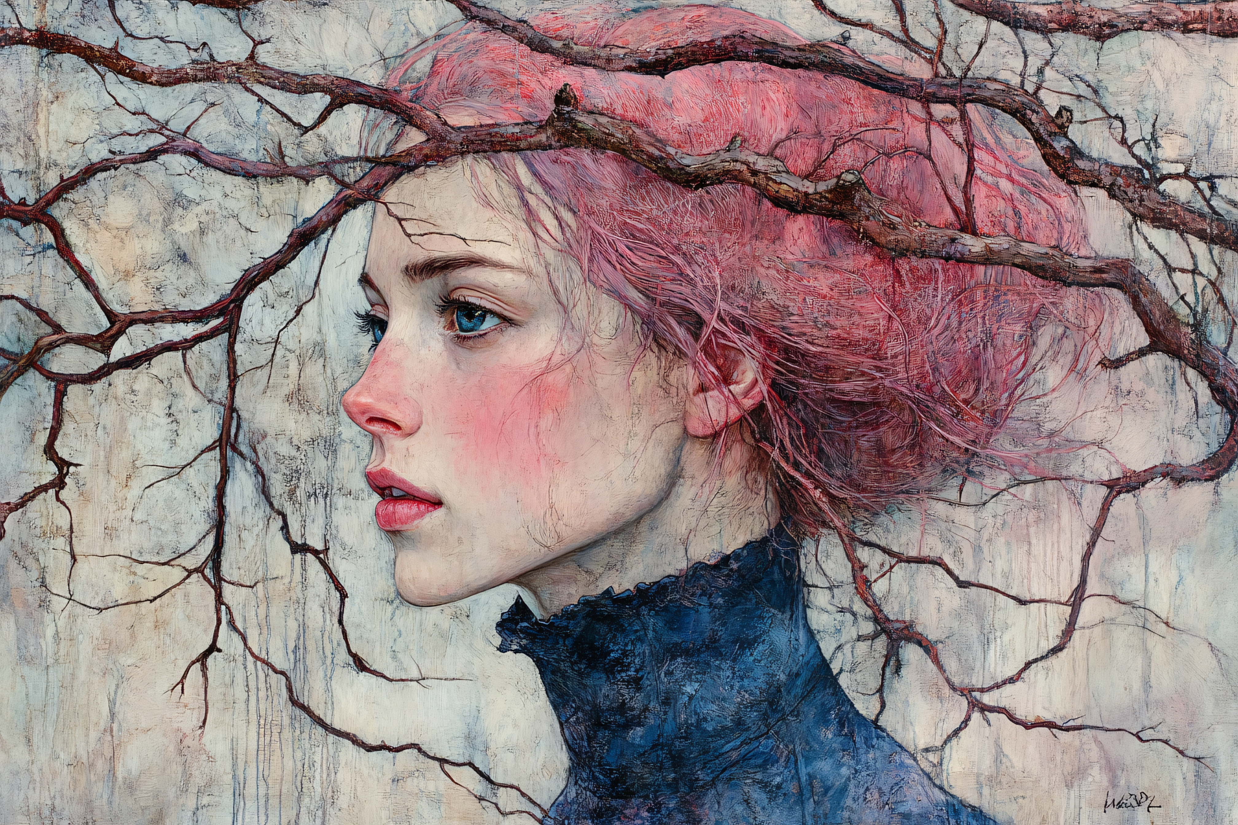 Pink Haired Woman Framed By Branches