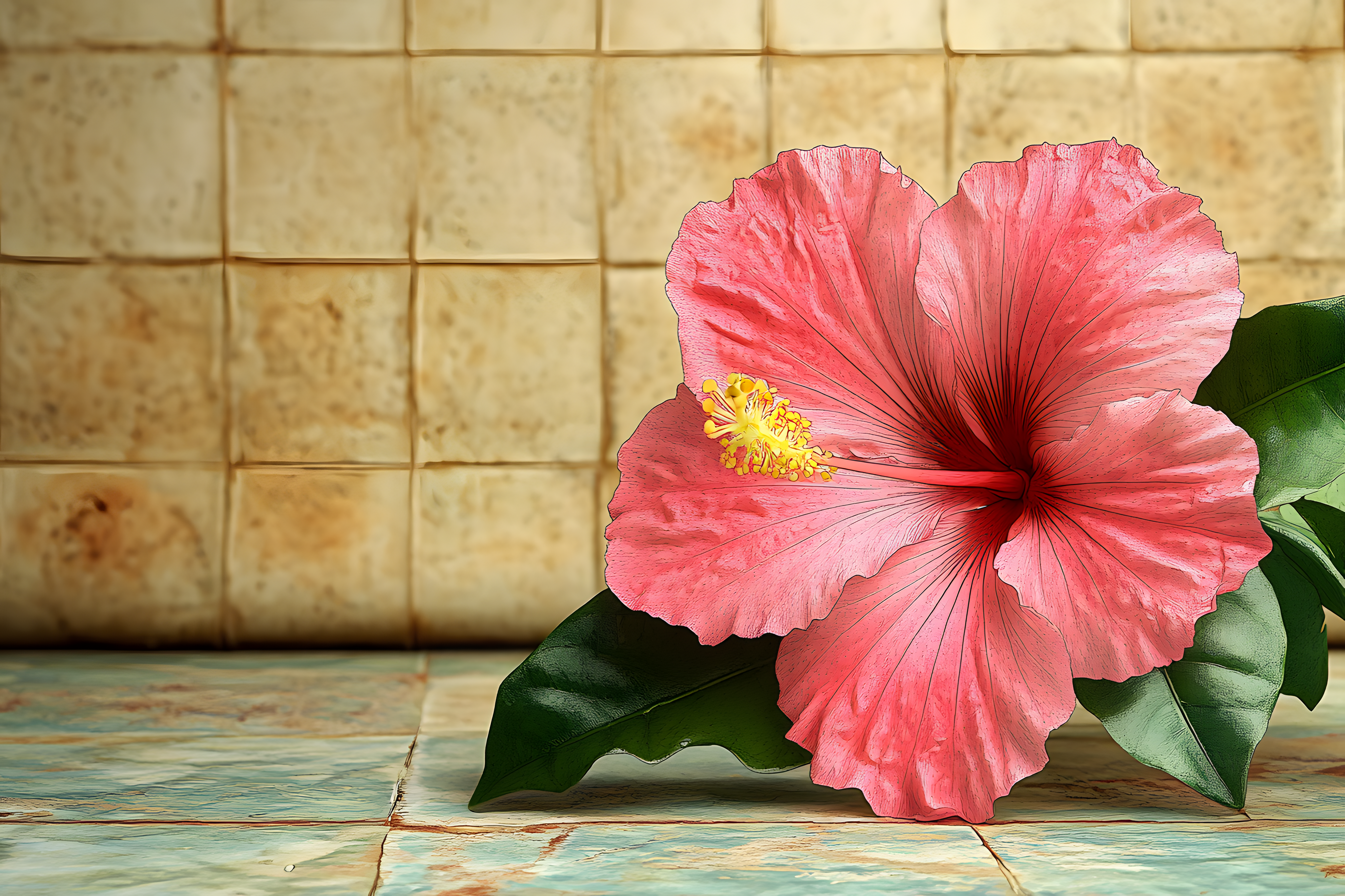 Pink Hibiscus Flower on Tiled Surface
