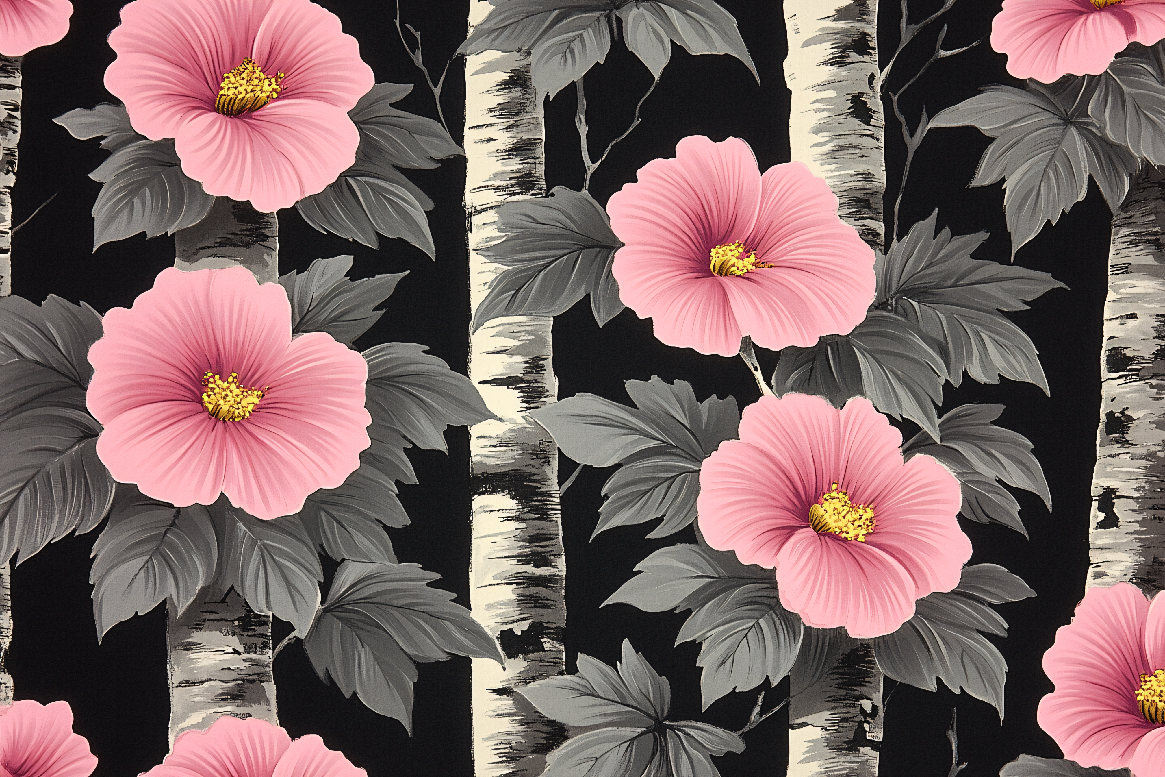 Pink Hibiscus Flowers and Birch Trees Pattern