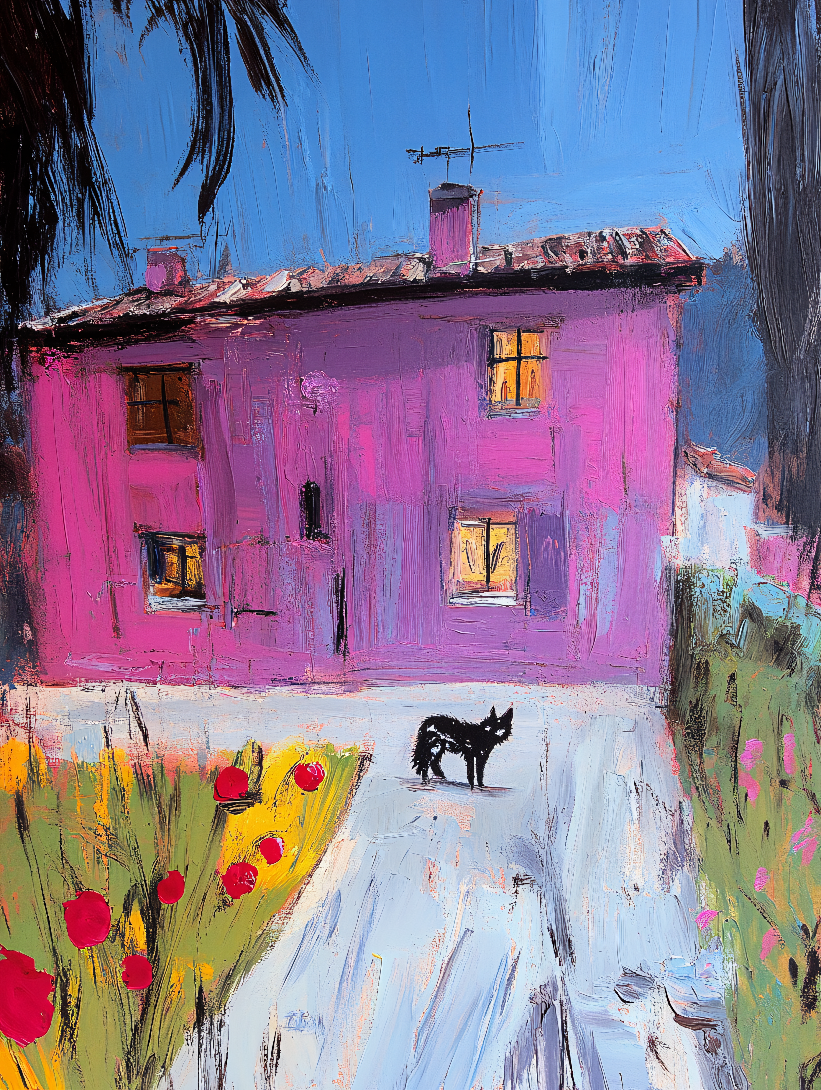 Pink House and Black Dog