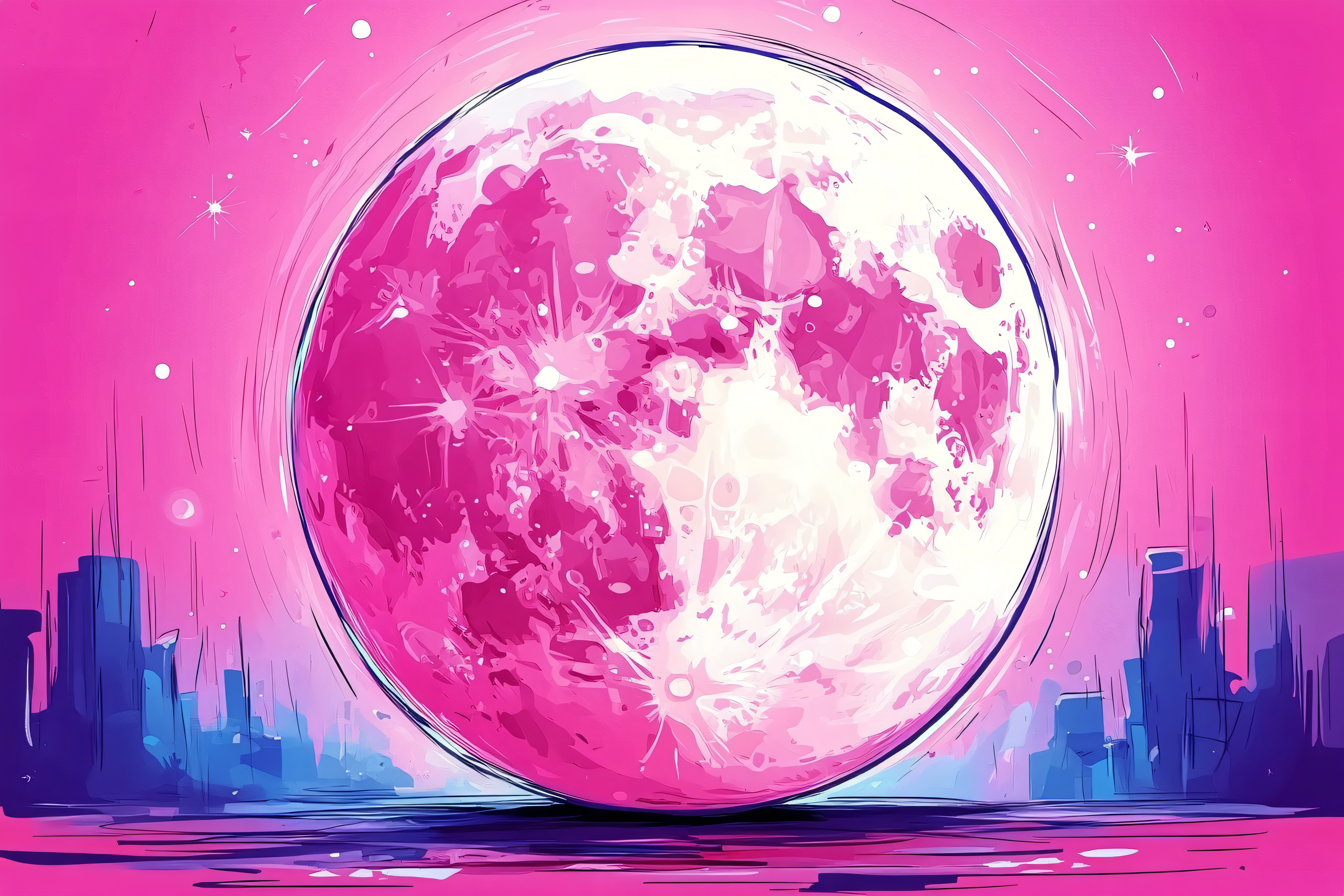 Pink Moon Over Cityscape