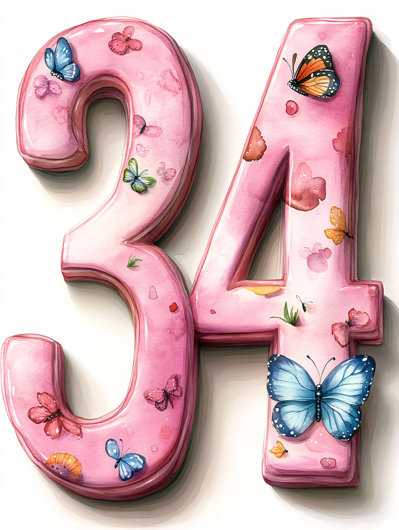 Pink Number 34 With Butterflies
