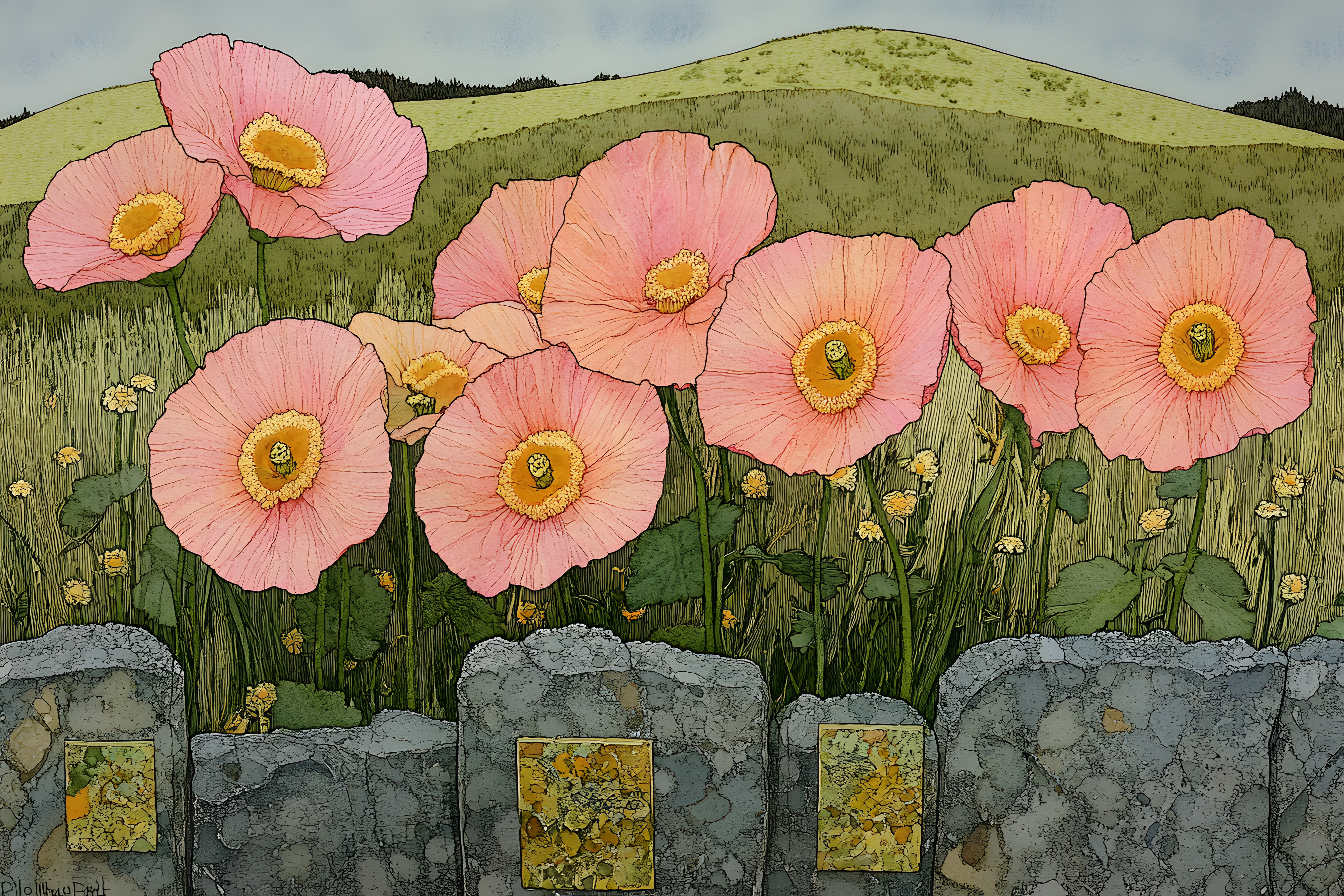 Pink Poppies Behind Stone Wall