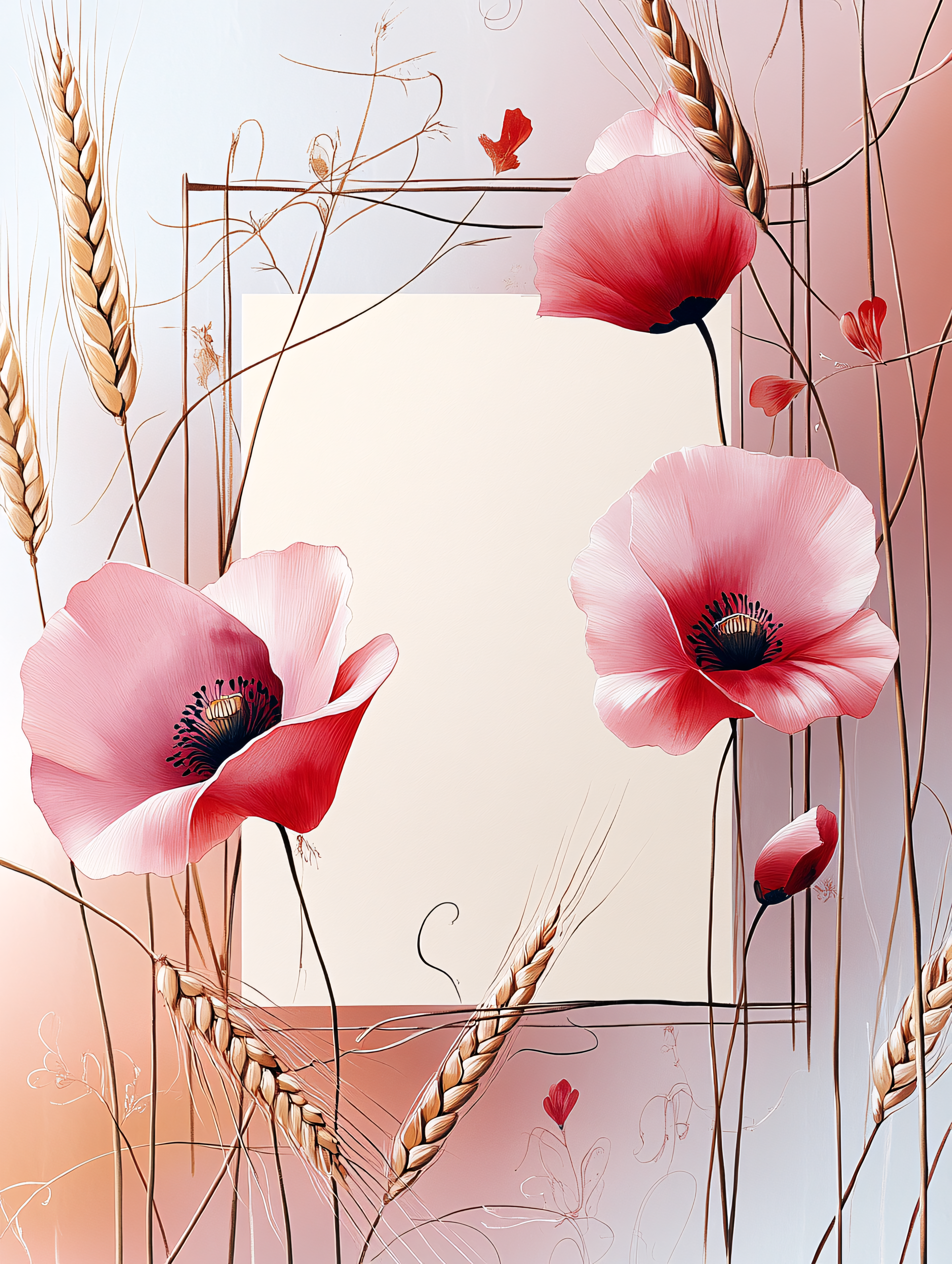 Pink Poppies with Wheat and Frame