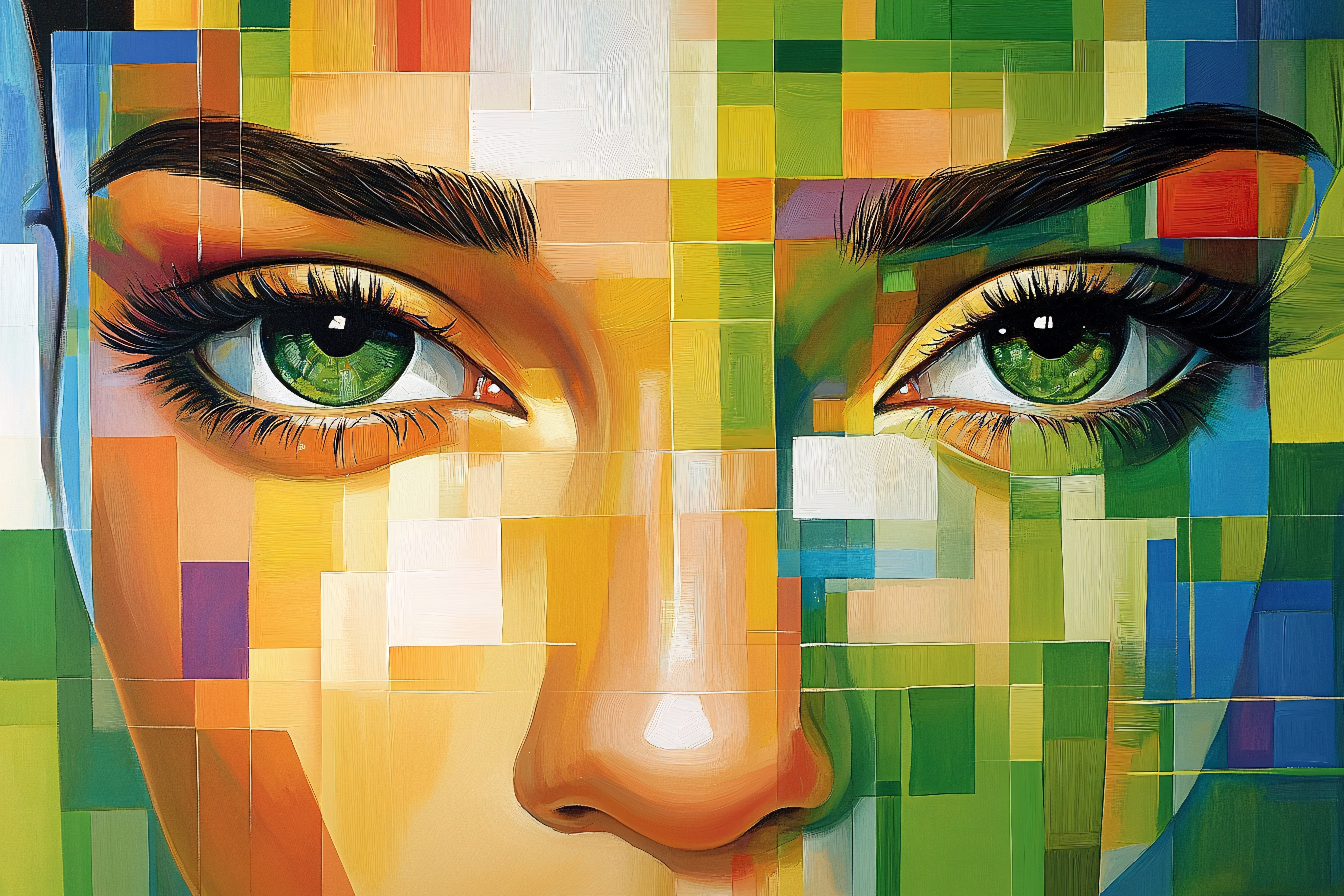 Pixelated Portrait Of A Woman With Green Eyes