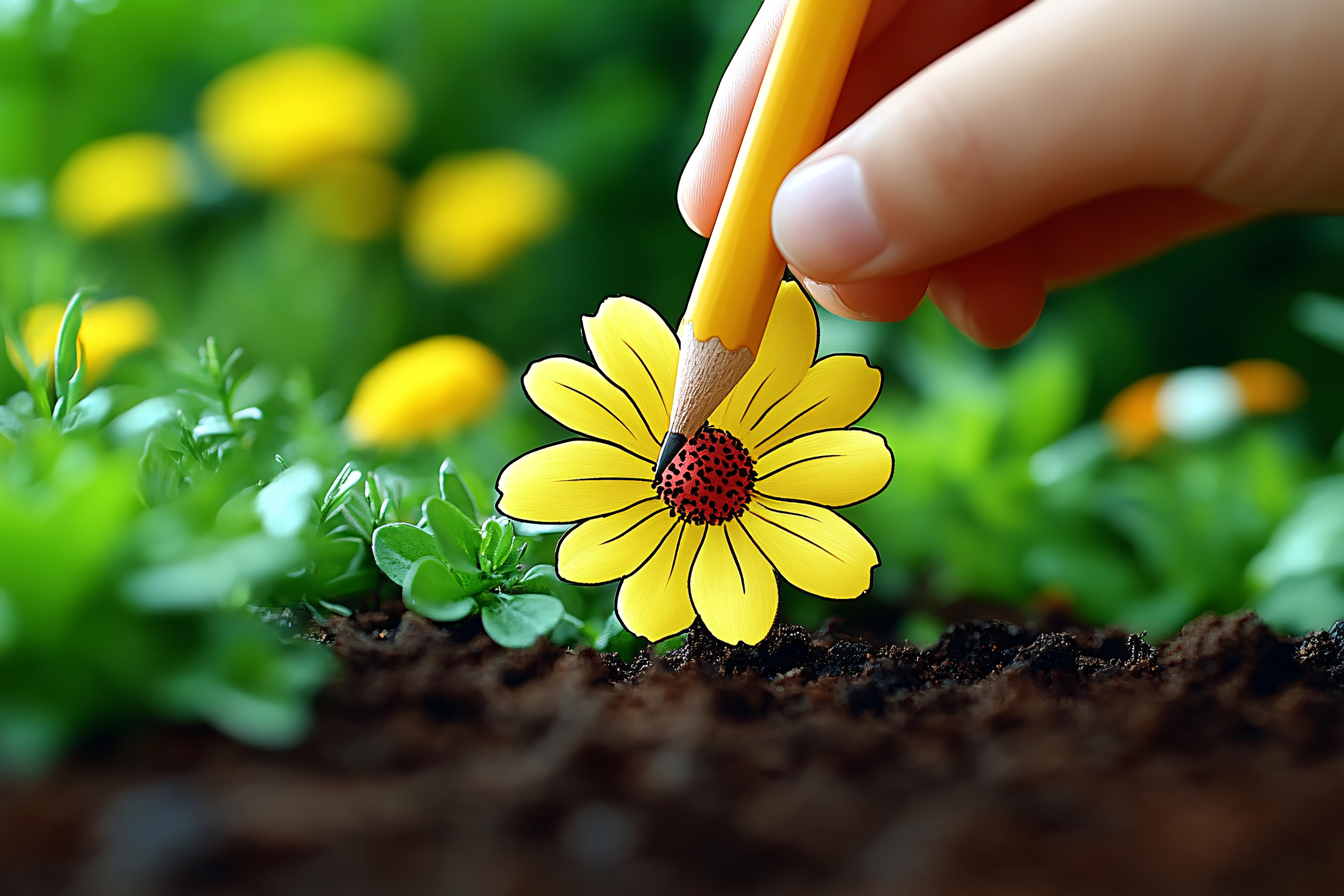 Planting a Yellow Flower Drawing