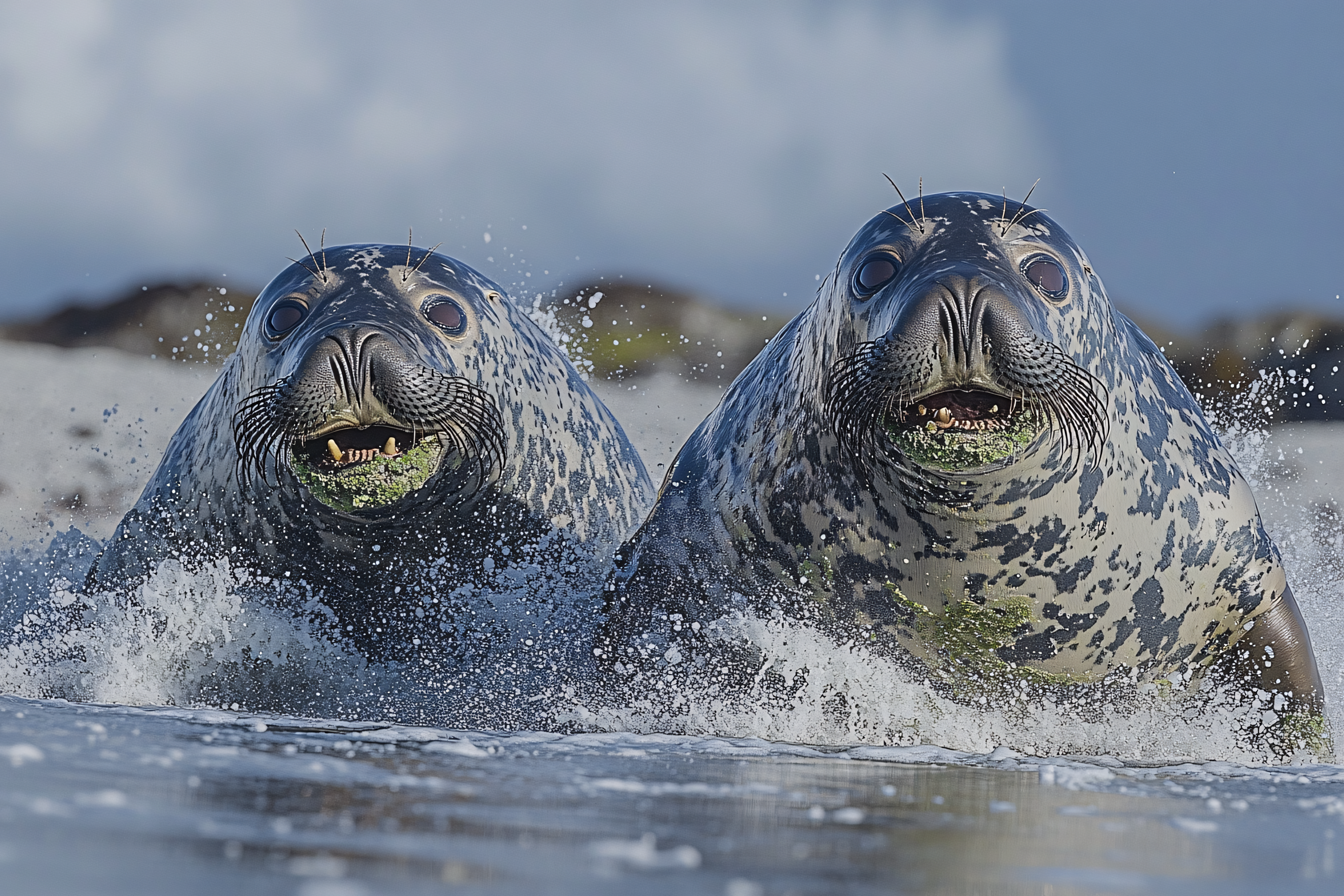 Playful Grey Seals In Ocean Waves