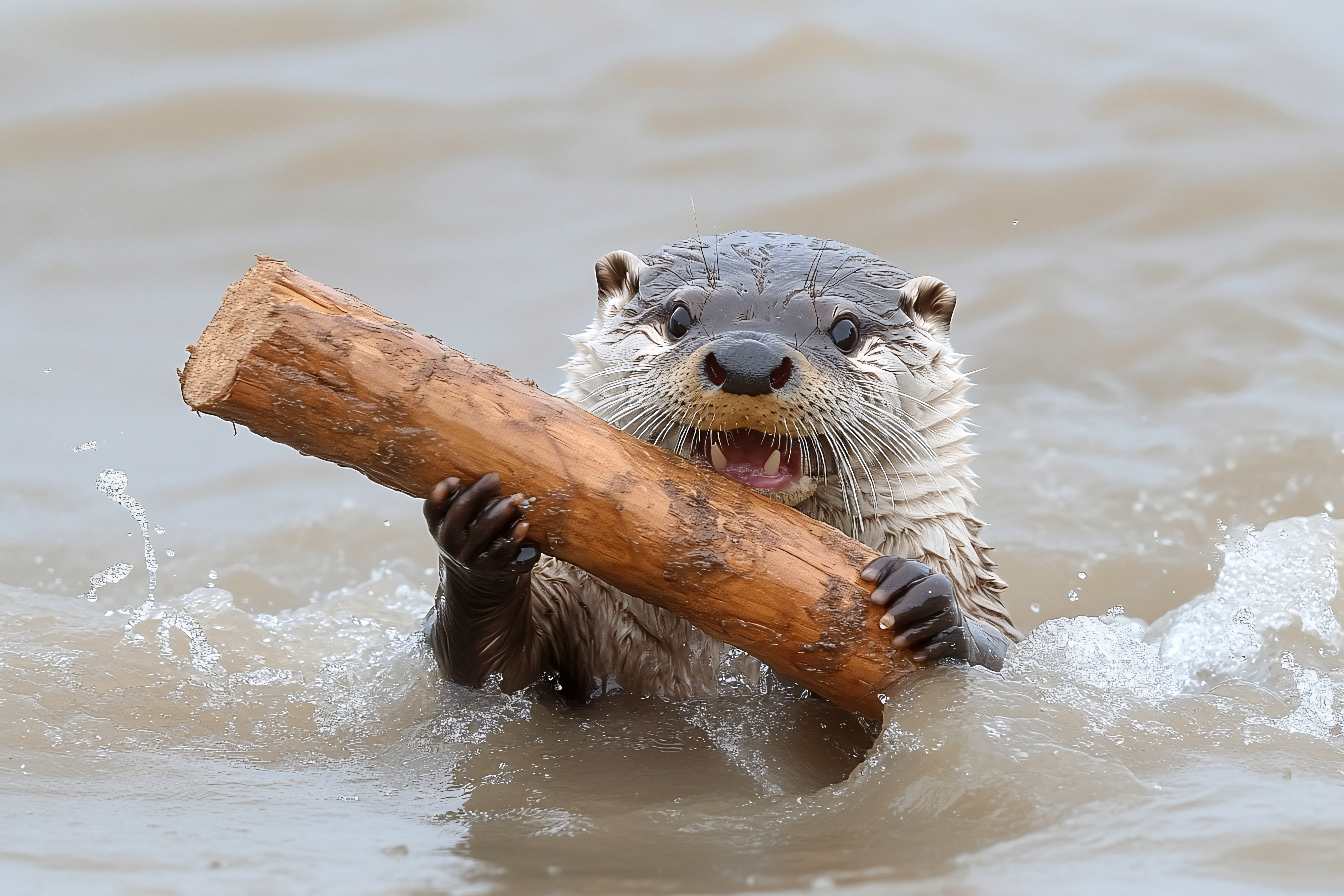 Playful Otter with Log