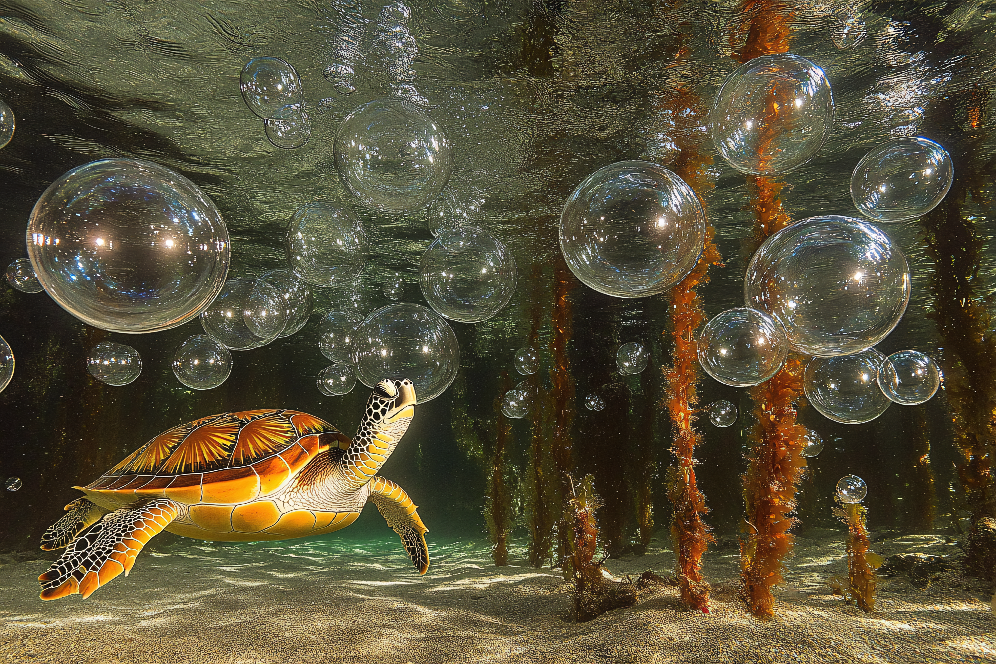 Playful Sea Turtle Ascending Through Bubbles