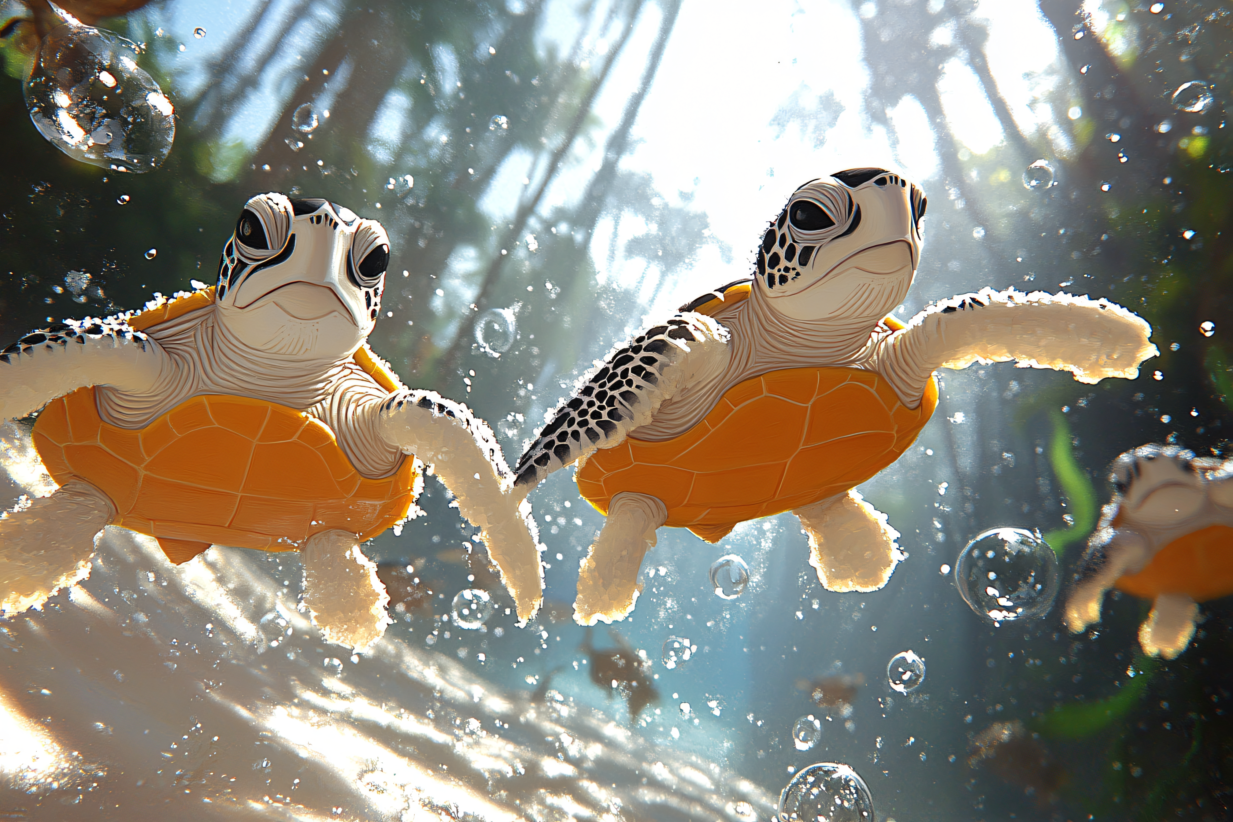 Playful Sea Turtles in Clear Water