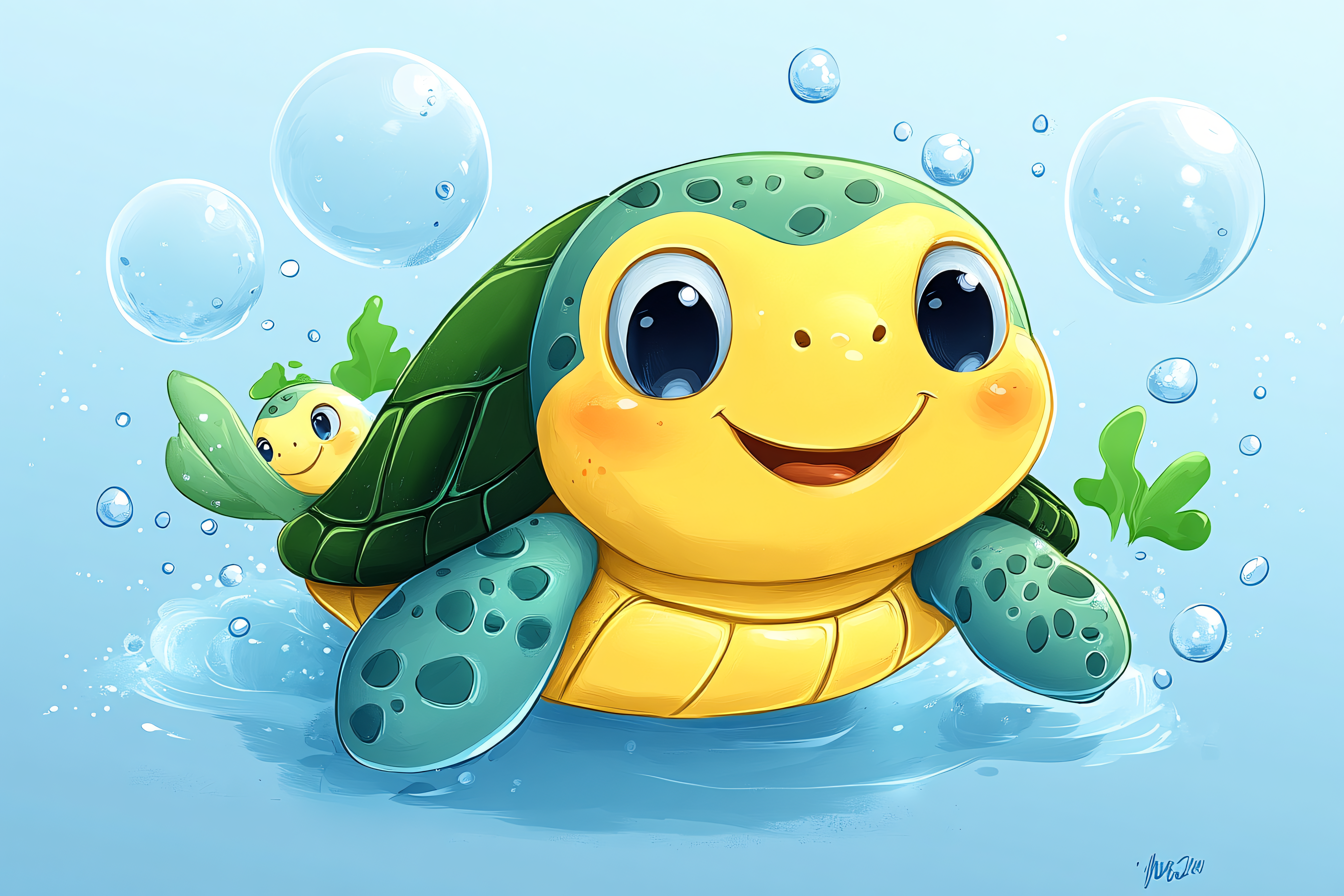 Playful Turtle Family in Bubbles