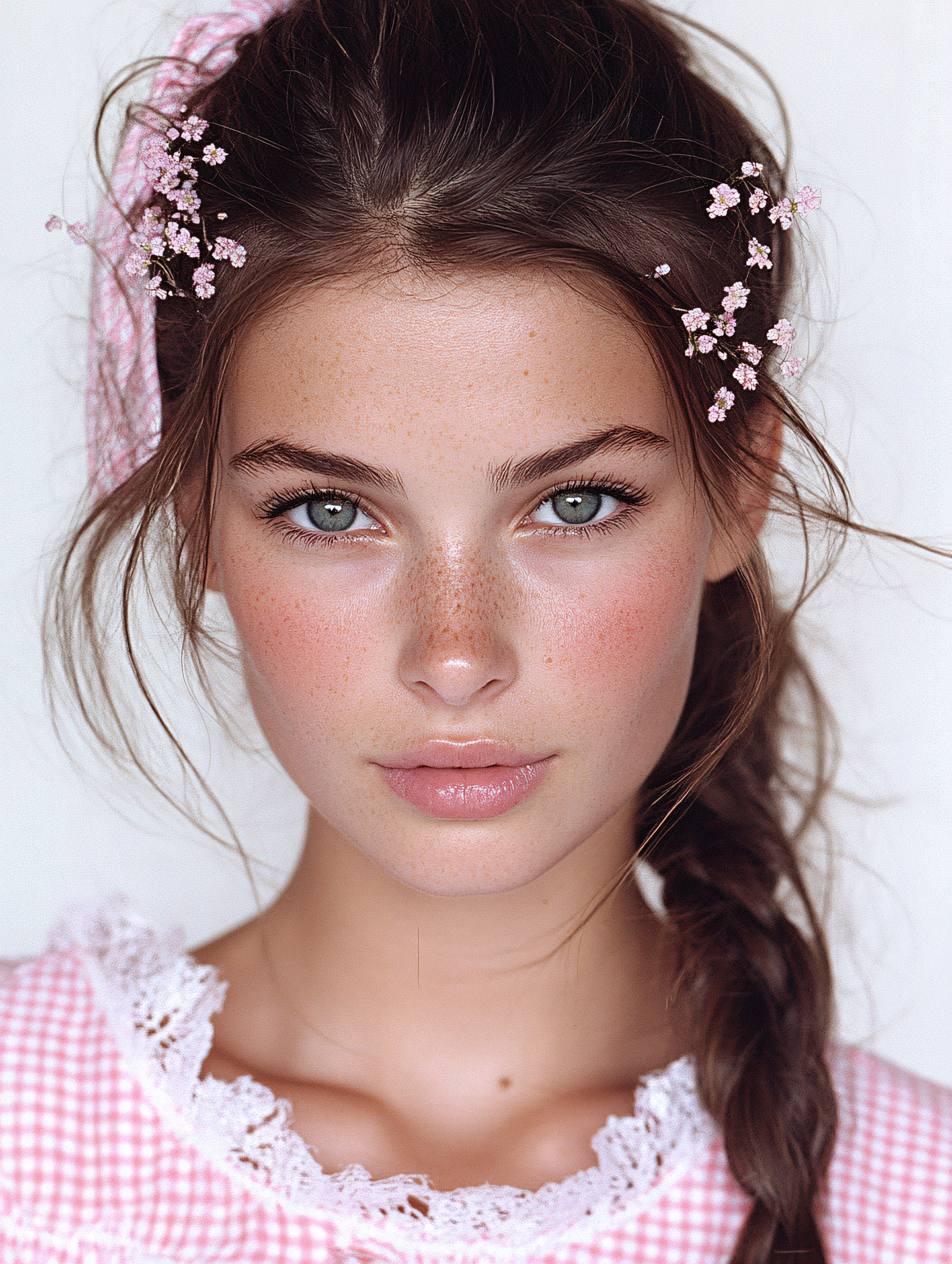 Portrait Of A Freckled Woman With Flowers