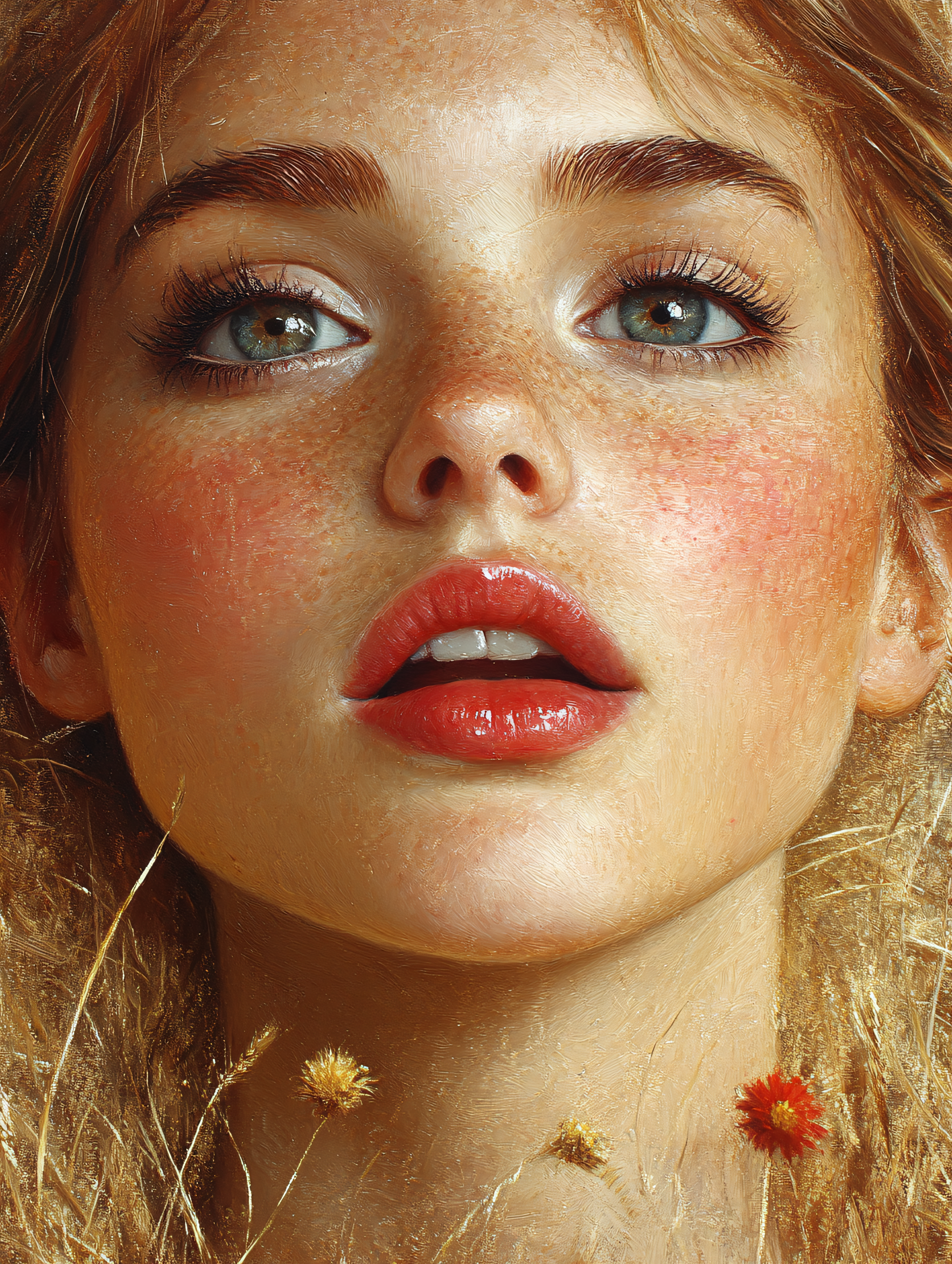 Portrait Of A Freckled Woman With Red Lips