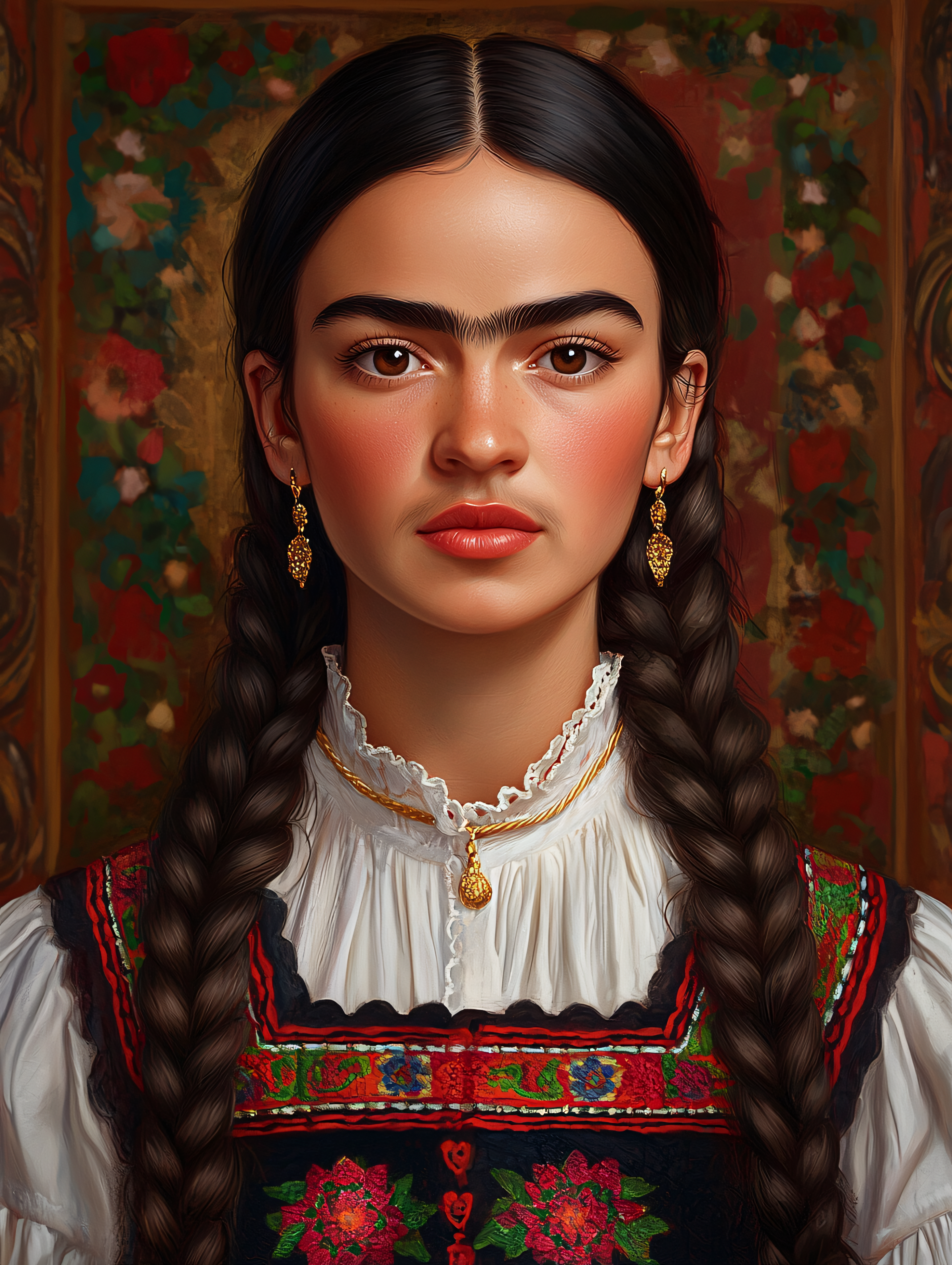 Portrait of a Woman with Braids and Embroidered Dress