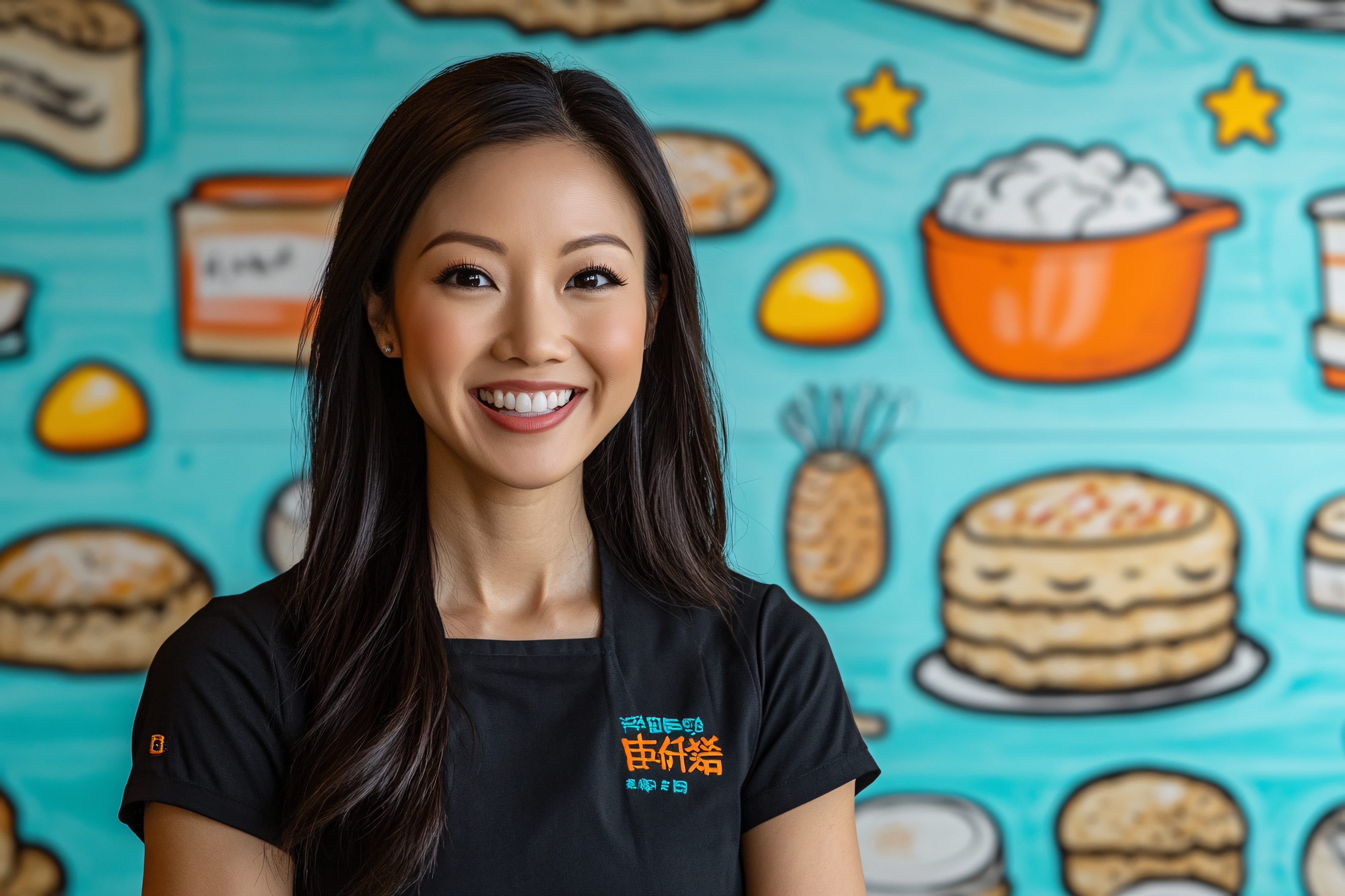 Portrait of Cheerful Asian Woman with Food Background