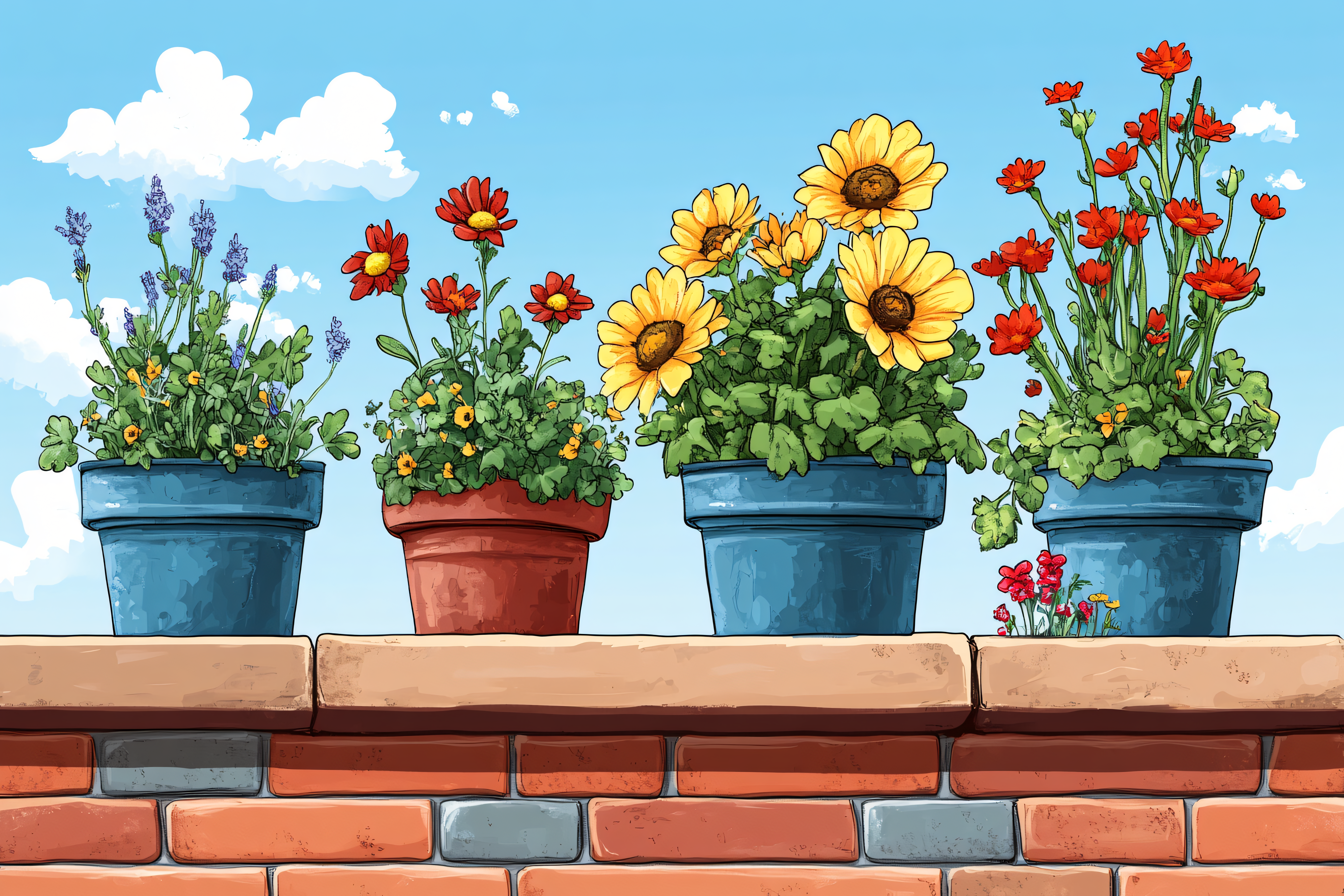 Potted Flowers on Brick Wall
