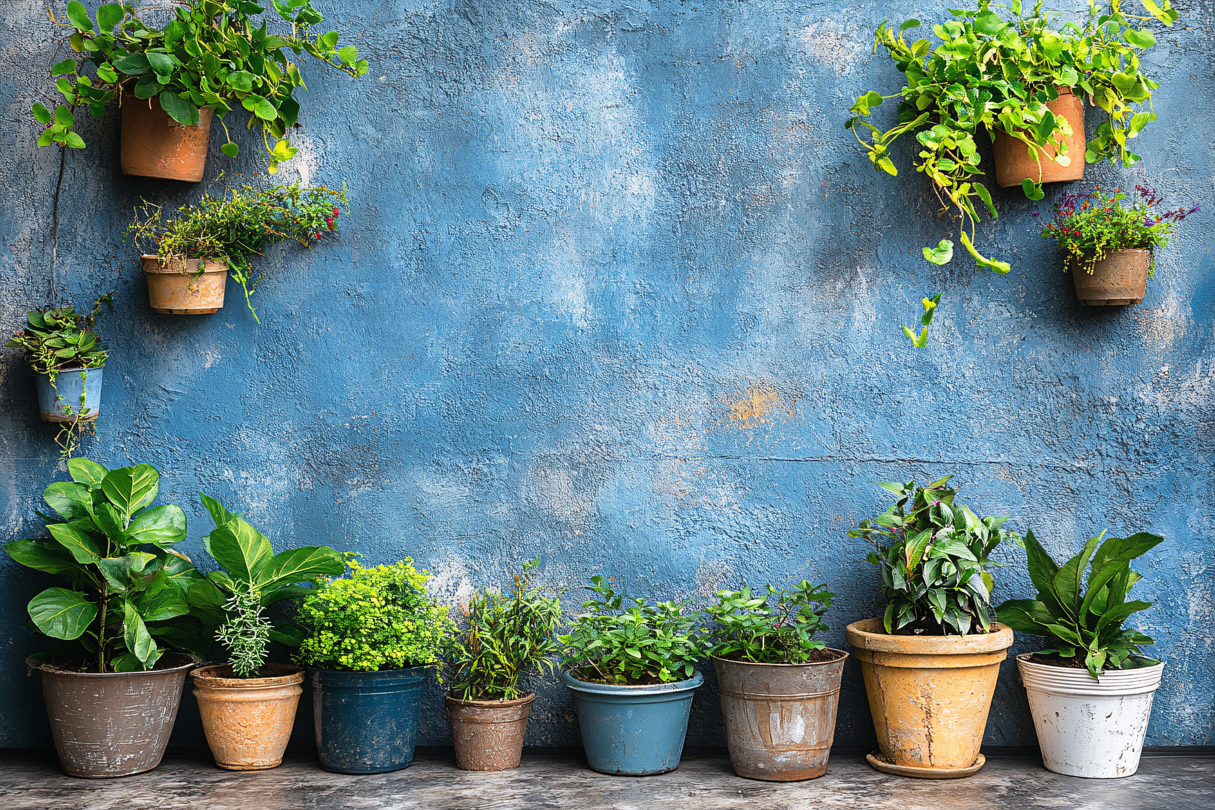 Potted Plants on Rustic Blue Wall