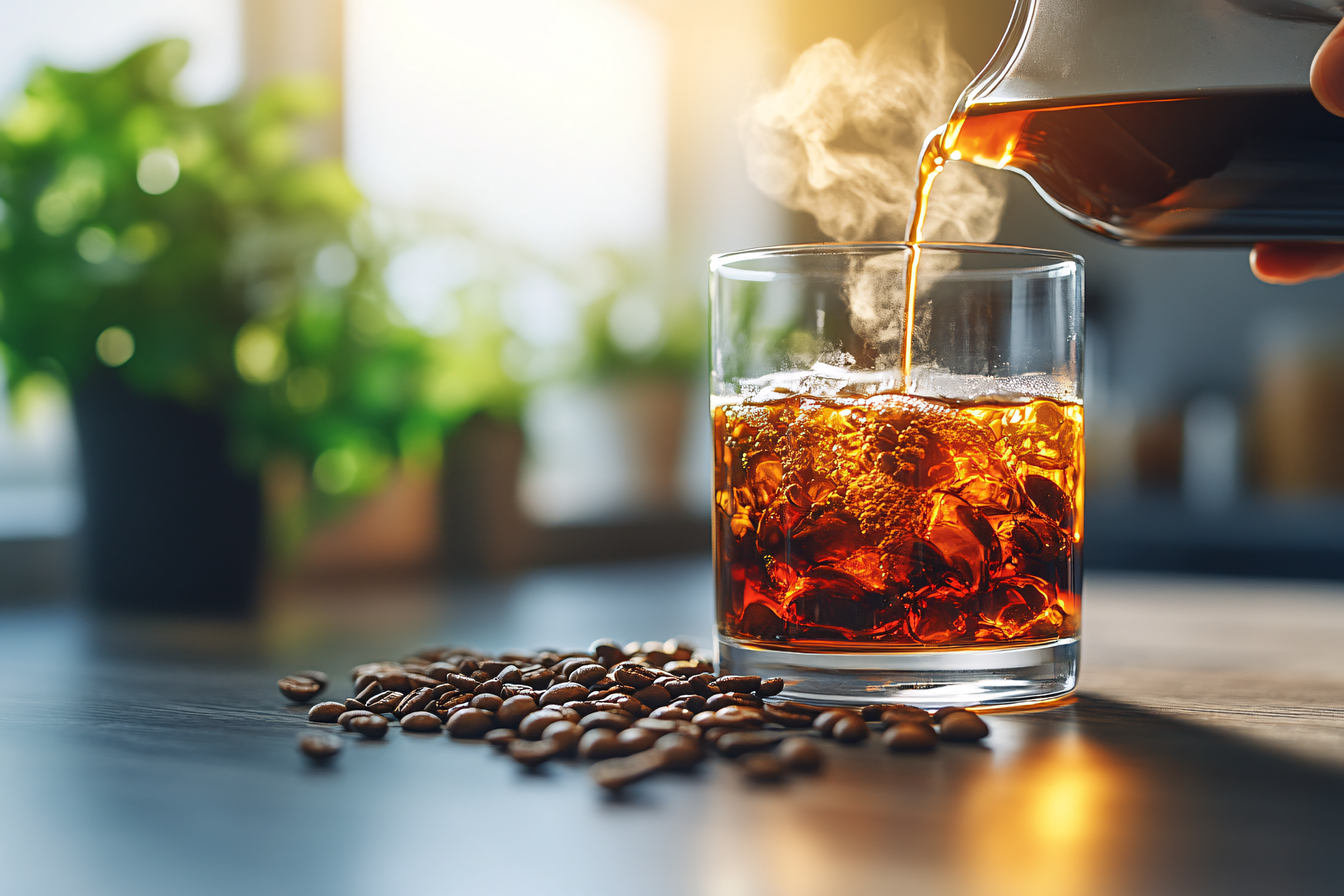 Pouring Coffee Into Glass With Ice