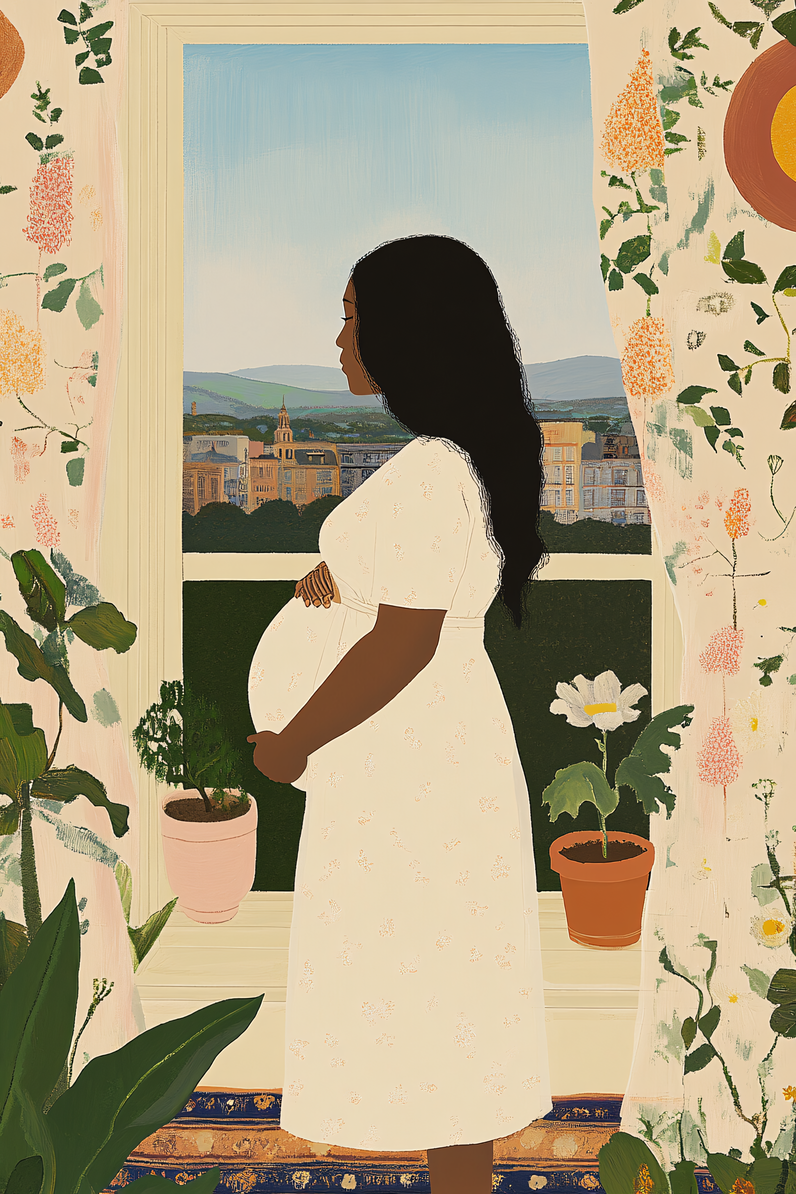 Pregnant Woman Gazing Out Window At Cityscape