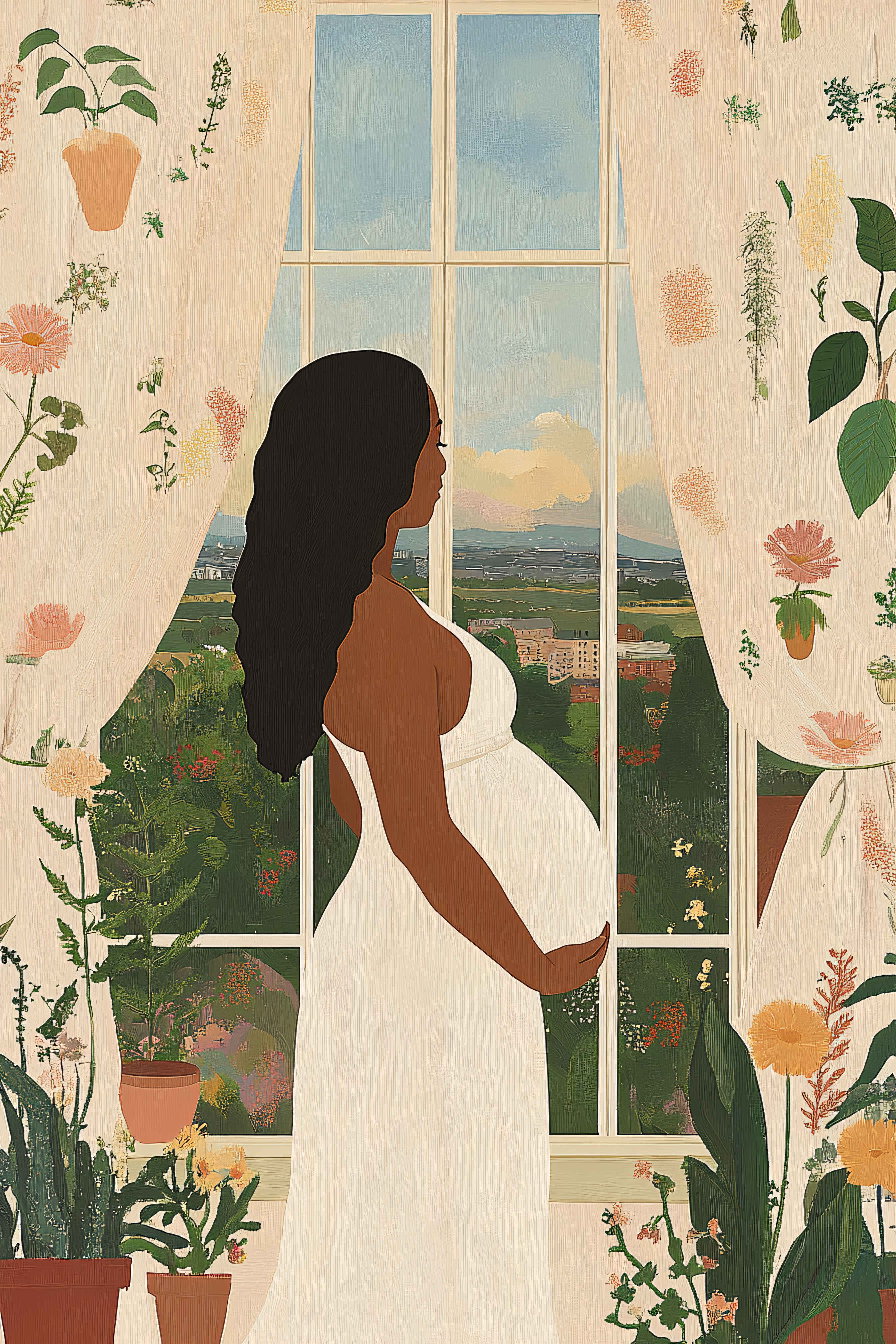 Free Download Painting of a Serene Pregnant Woman in White Dress by Window