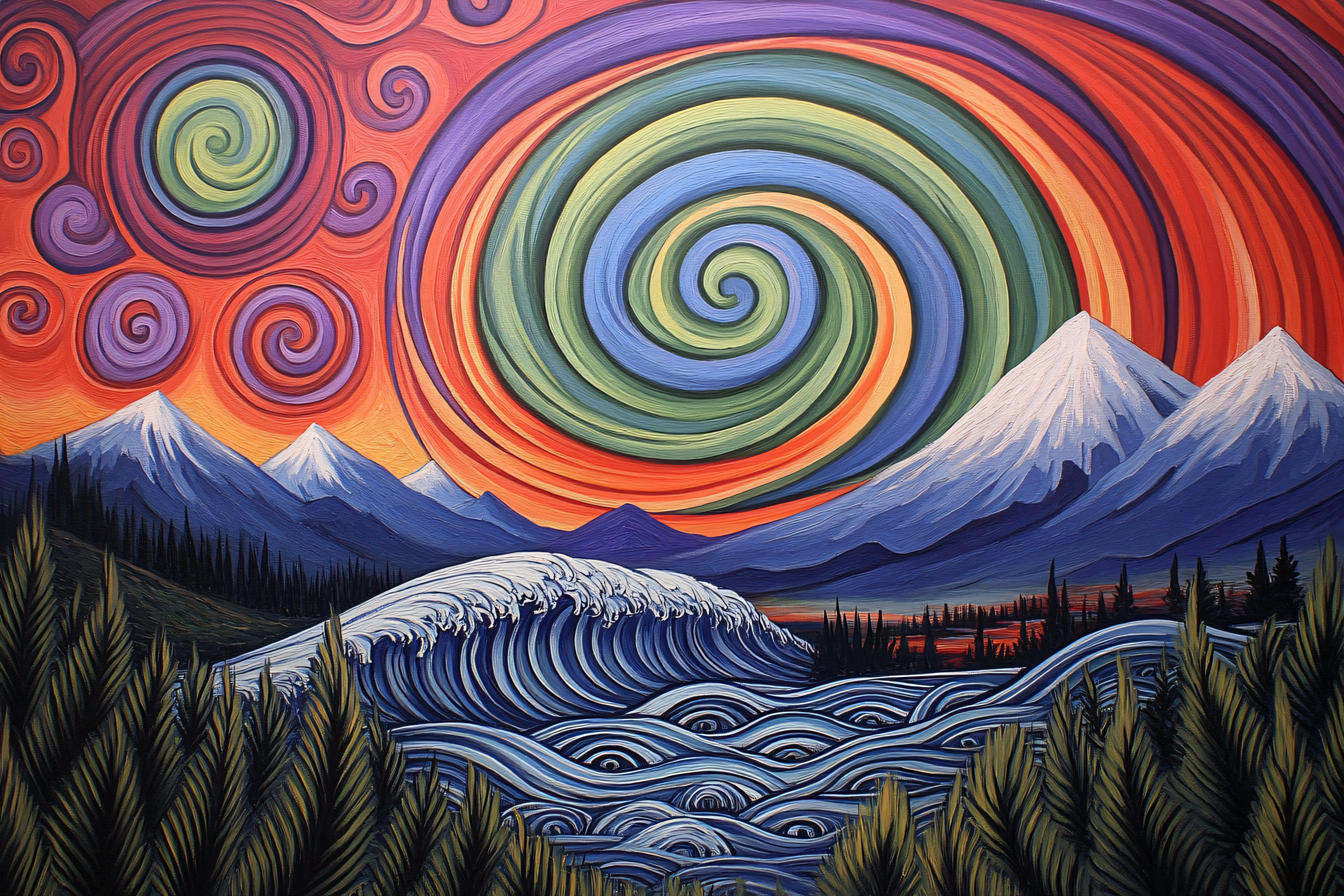 Psychedelic Landscape with Swirling Sky and Mountain Wave