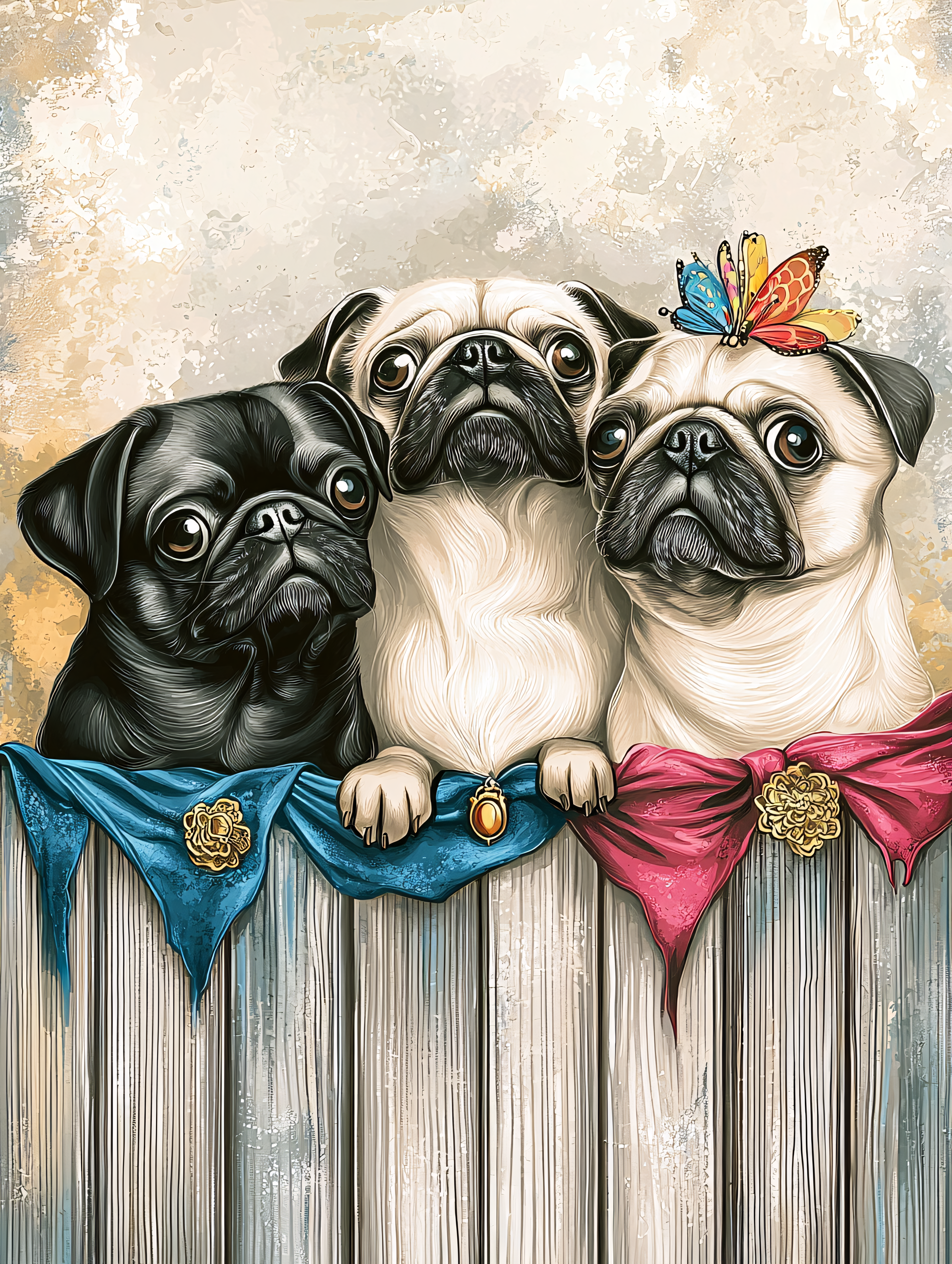 Pug Trio with Butterfly and Ribbons