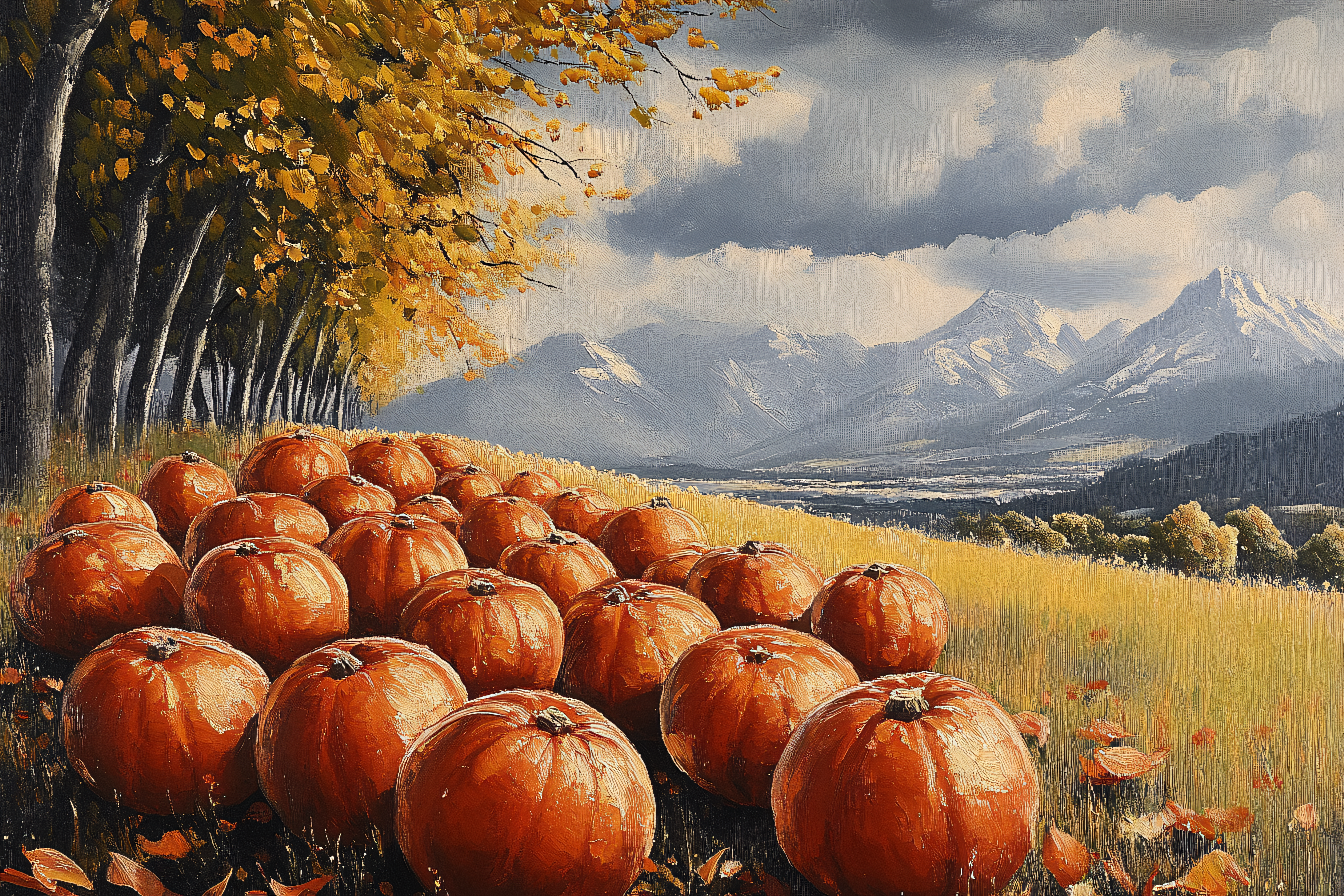Pumpkins in a Field Under Autumn Trees