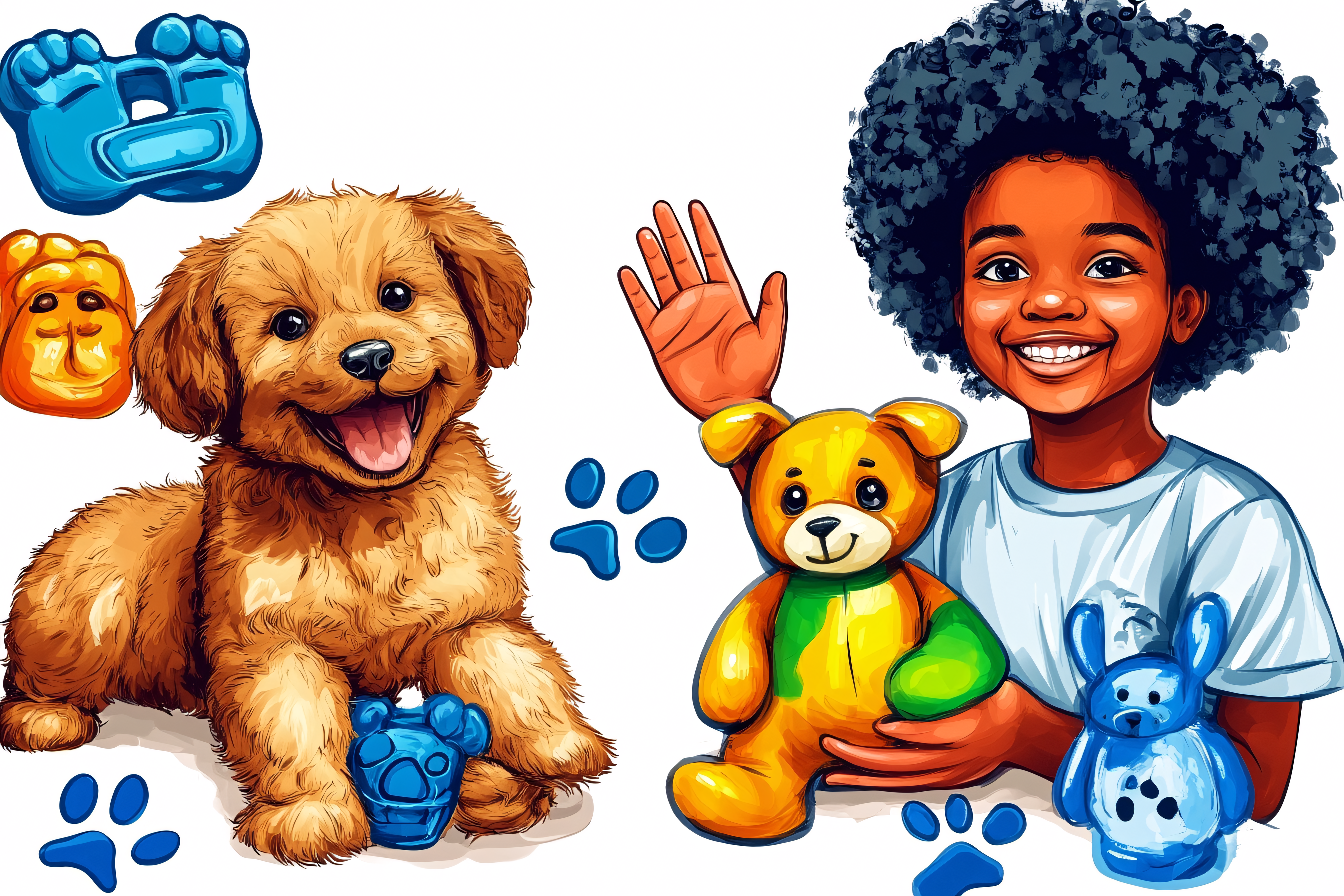 Puppy, Child, and Toys Illustration