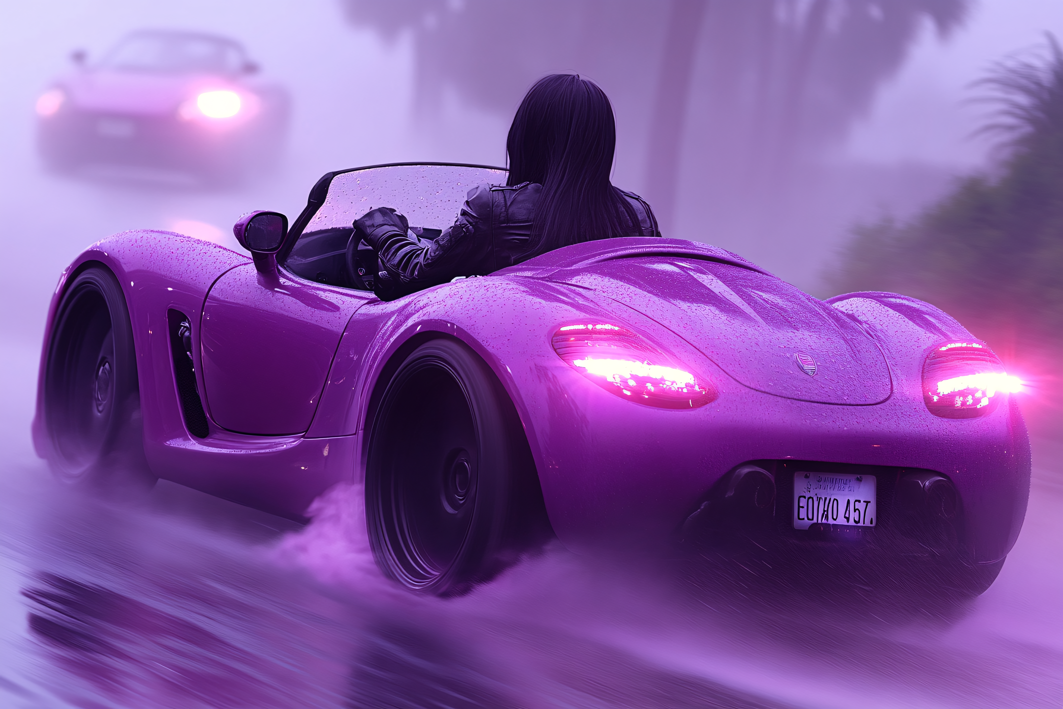 Purple Convertible Rainy Drive
