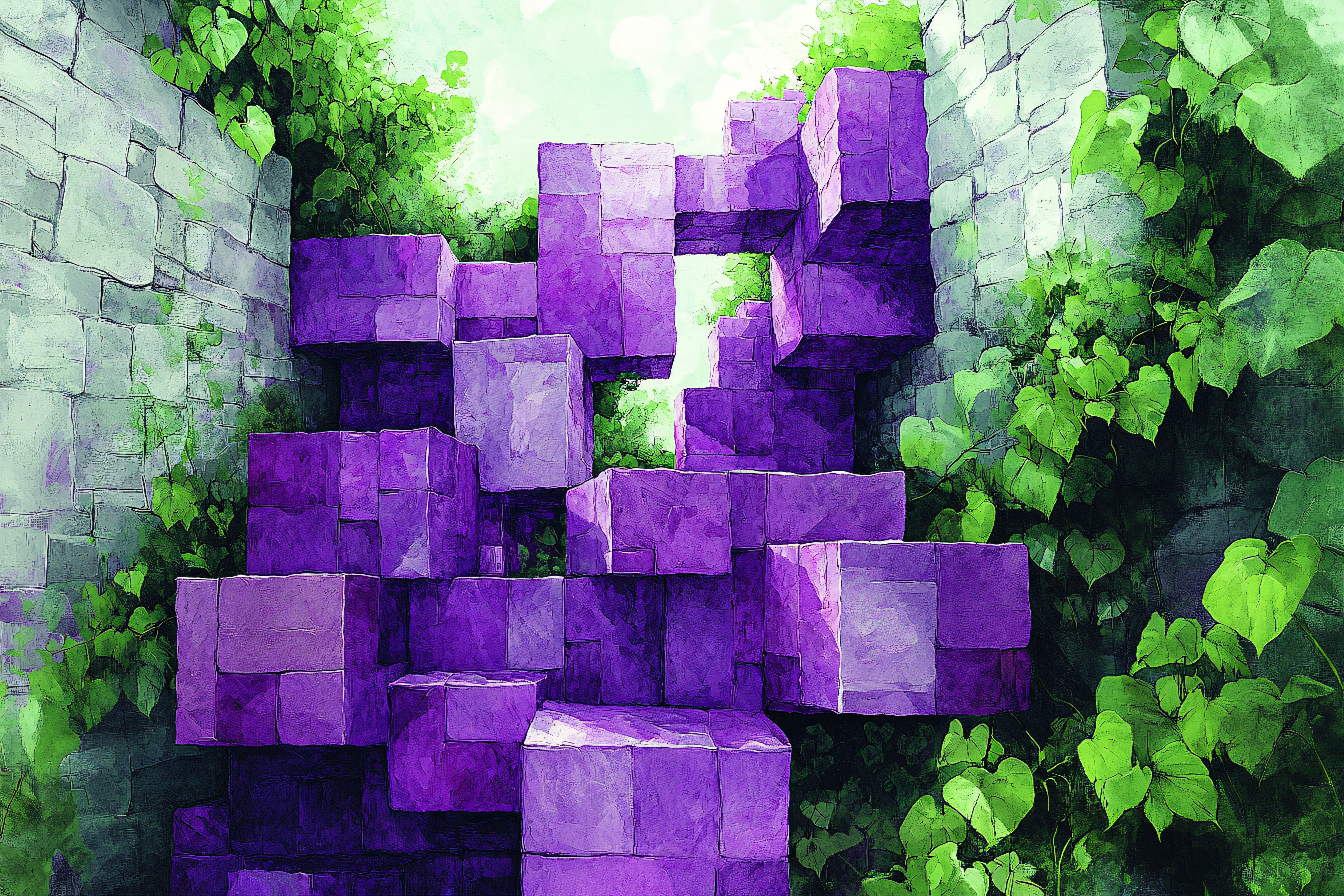 Purple Cubic Structure With Green Vines