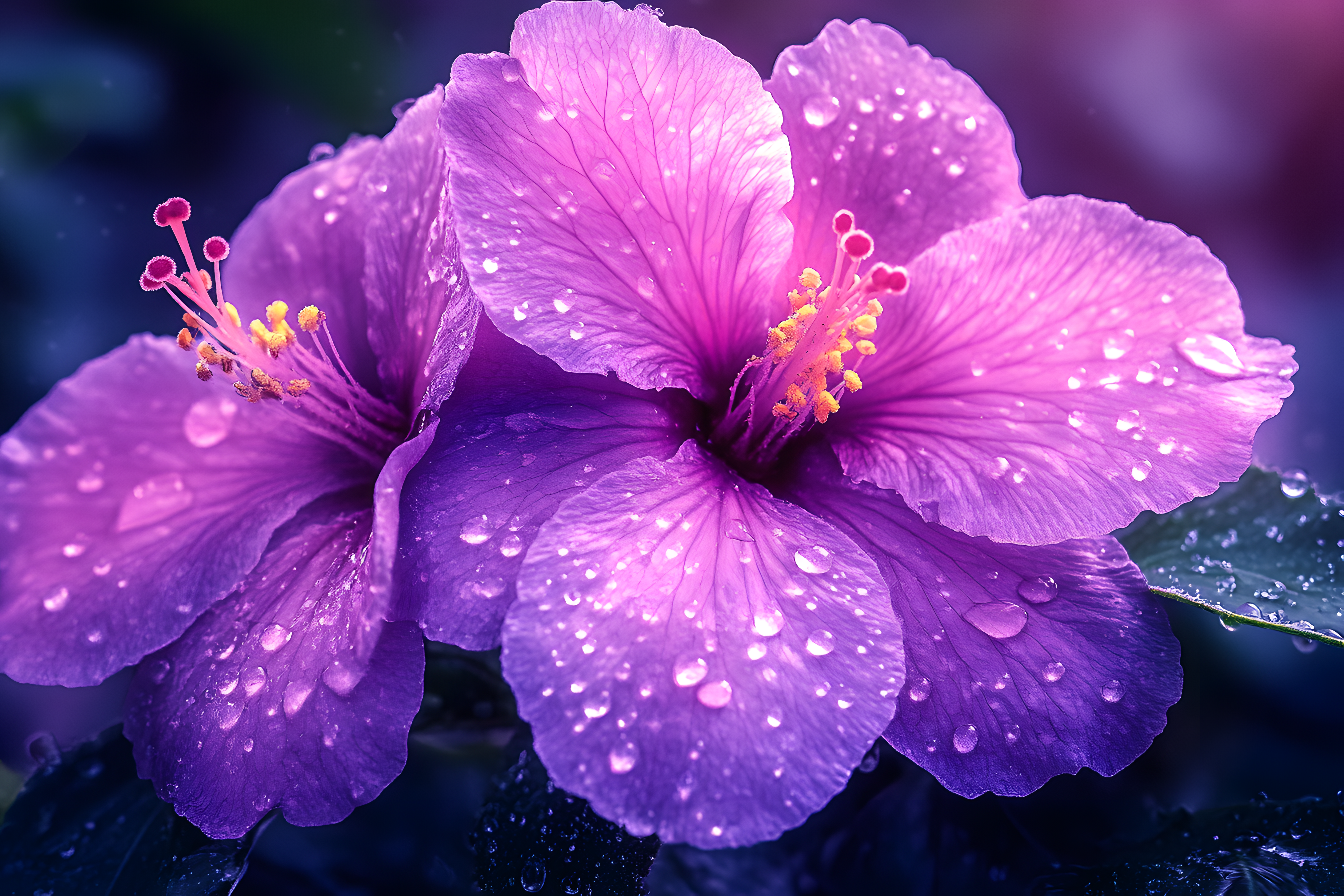 Purple Hibiscus Flowers With Water Droplets