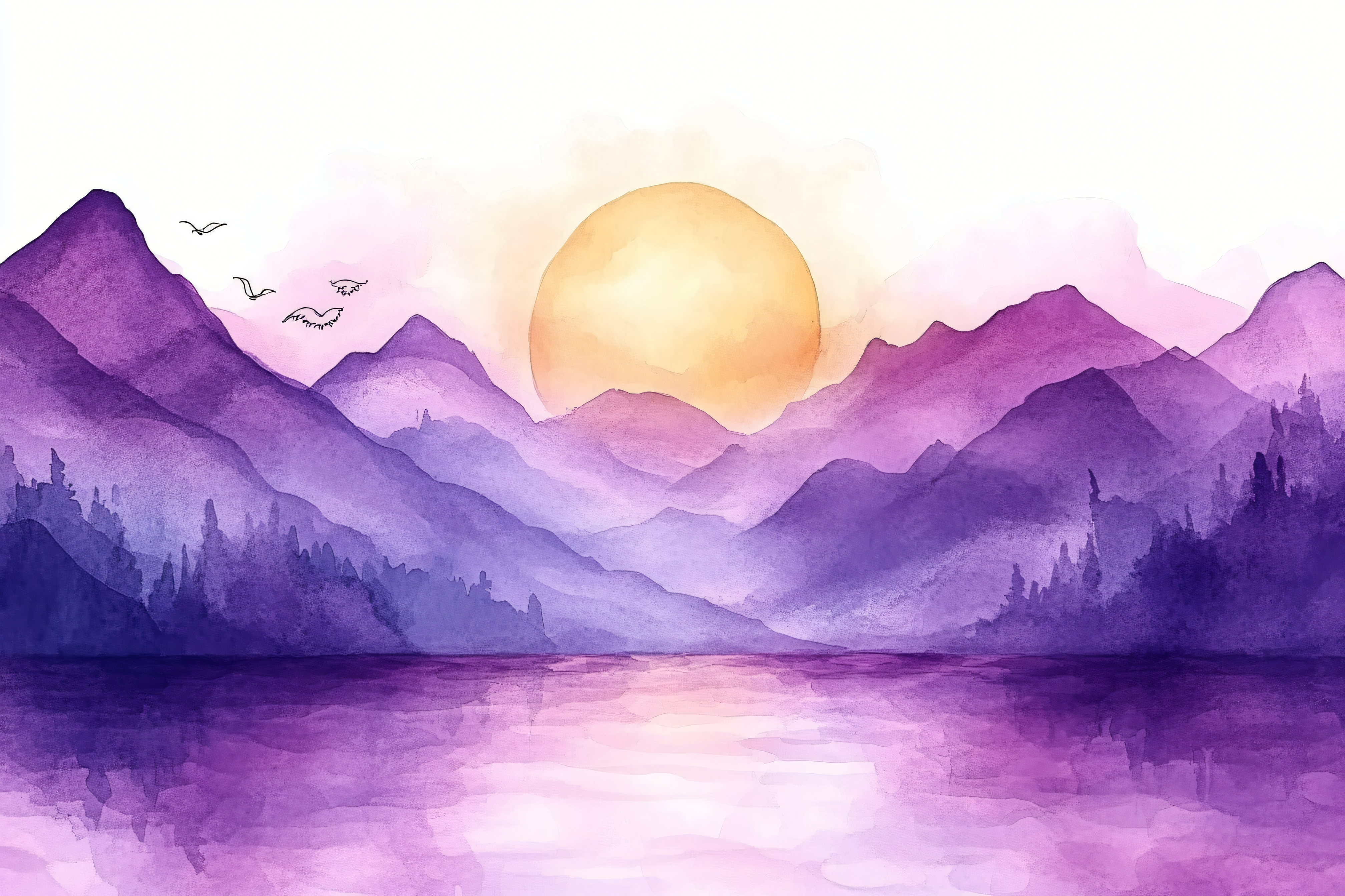 Purple Mountain Sunset Watercolor