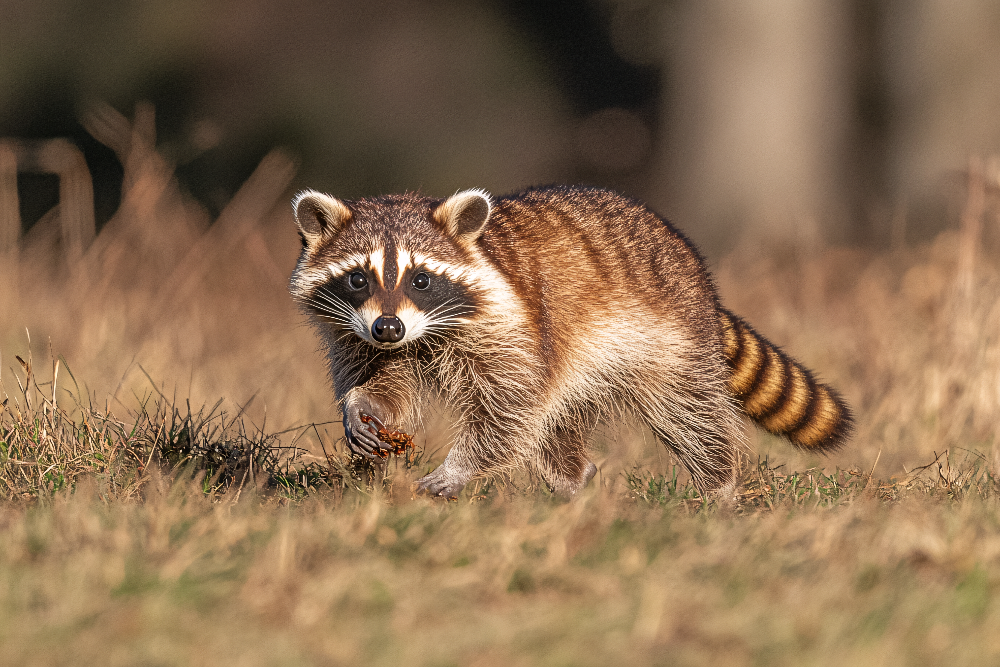 Raccoon Walking In Grassy Field