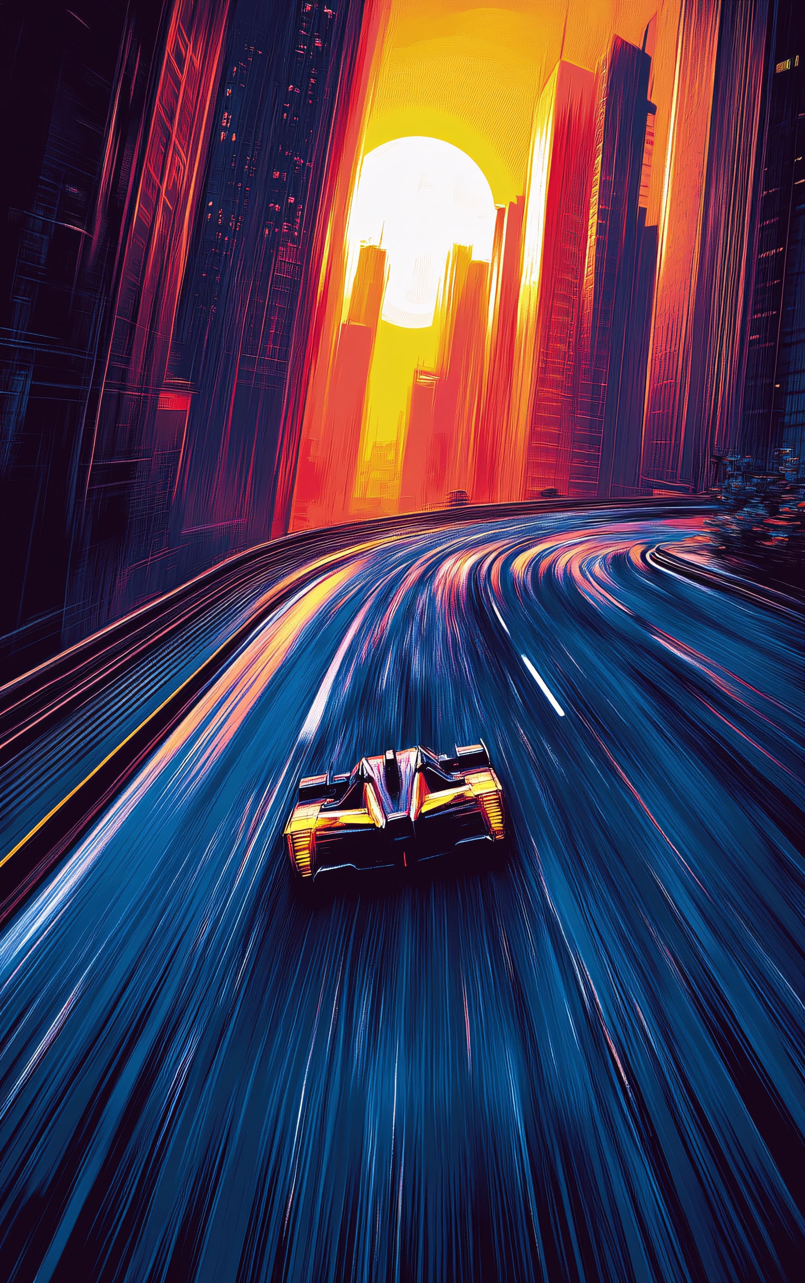 Racing Car on City Road at Sunset