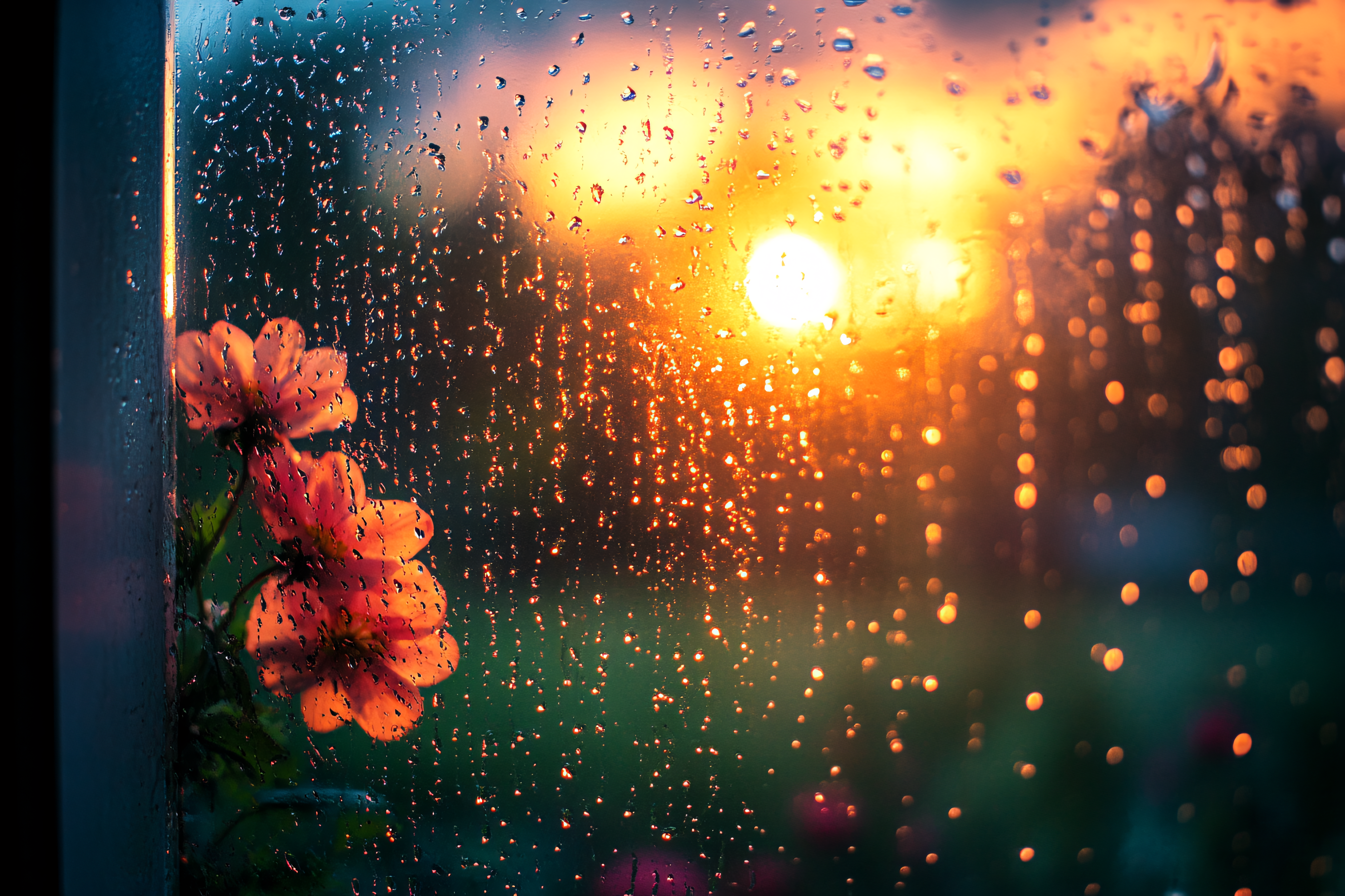Rain-Kissed Flowers and Golden Sunset