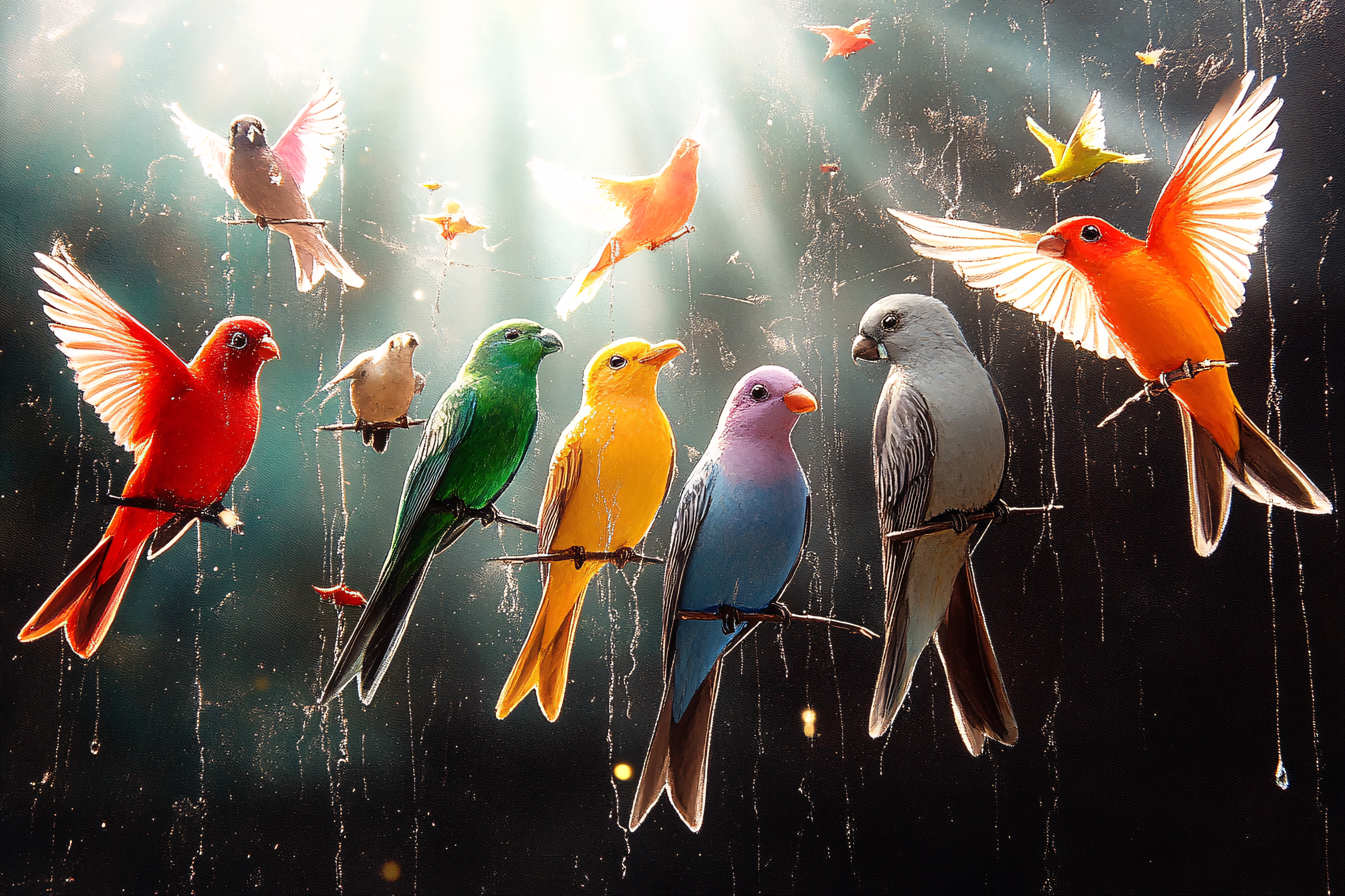 Rainbow Birds on Branches