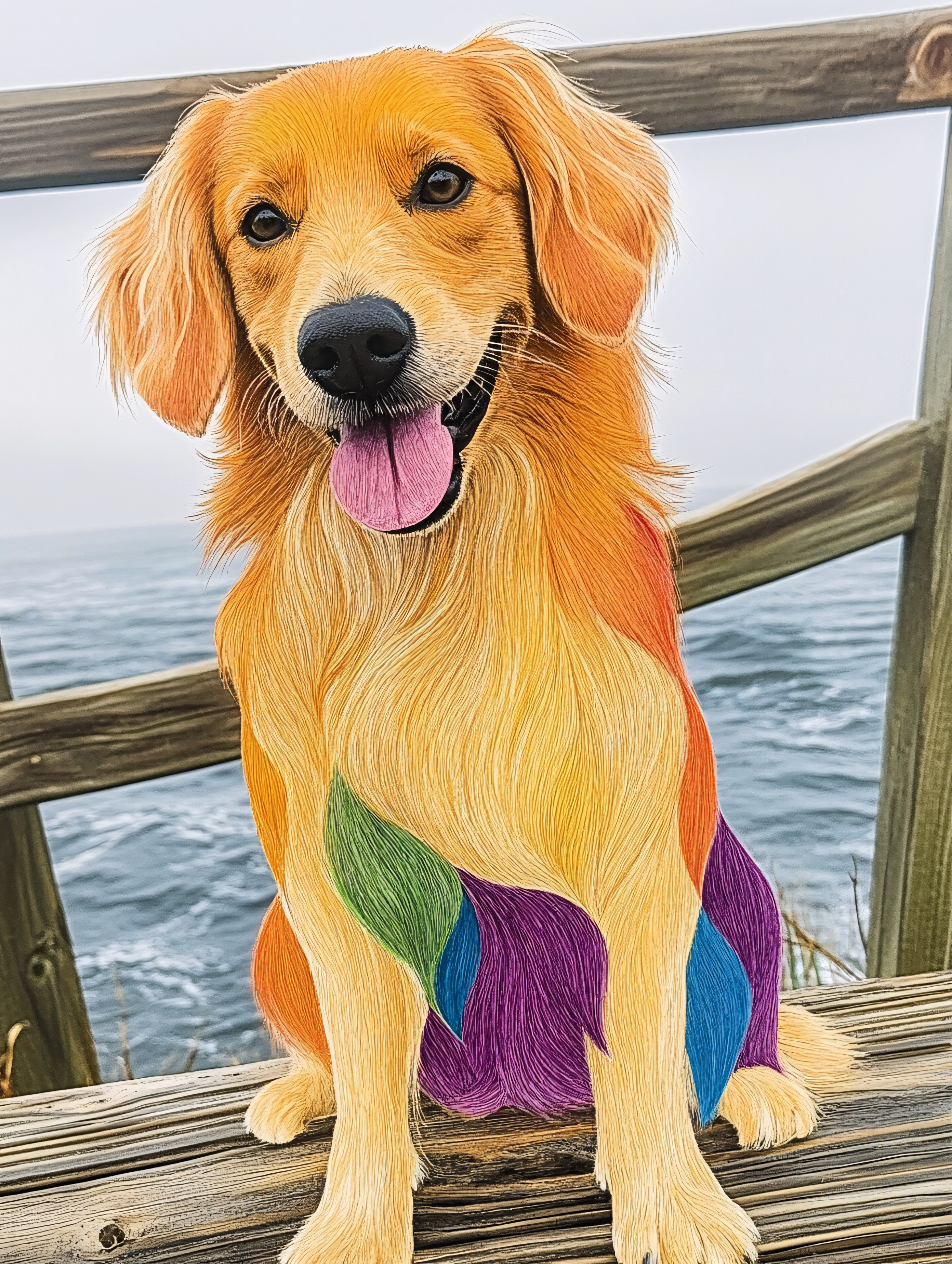 Rainbow Fur Dog on Boardwalk
