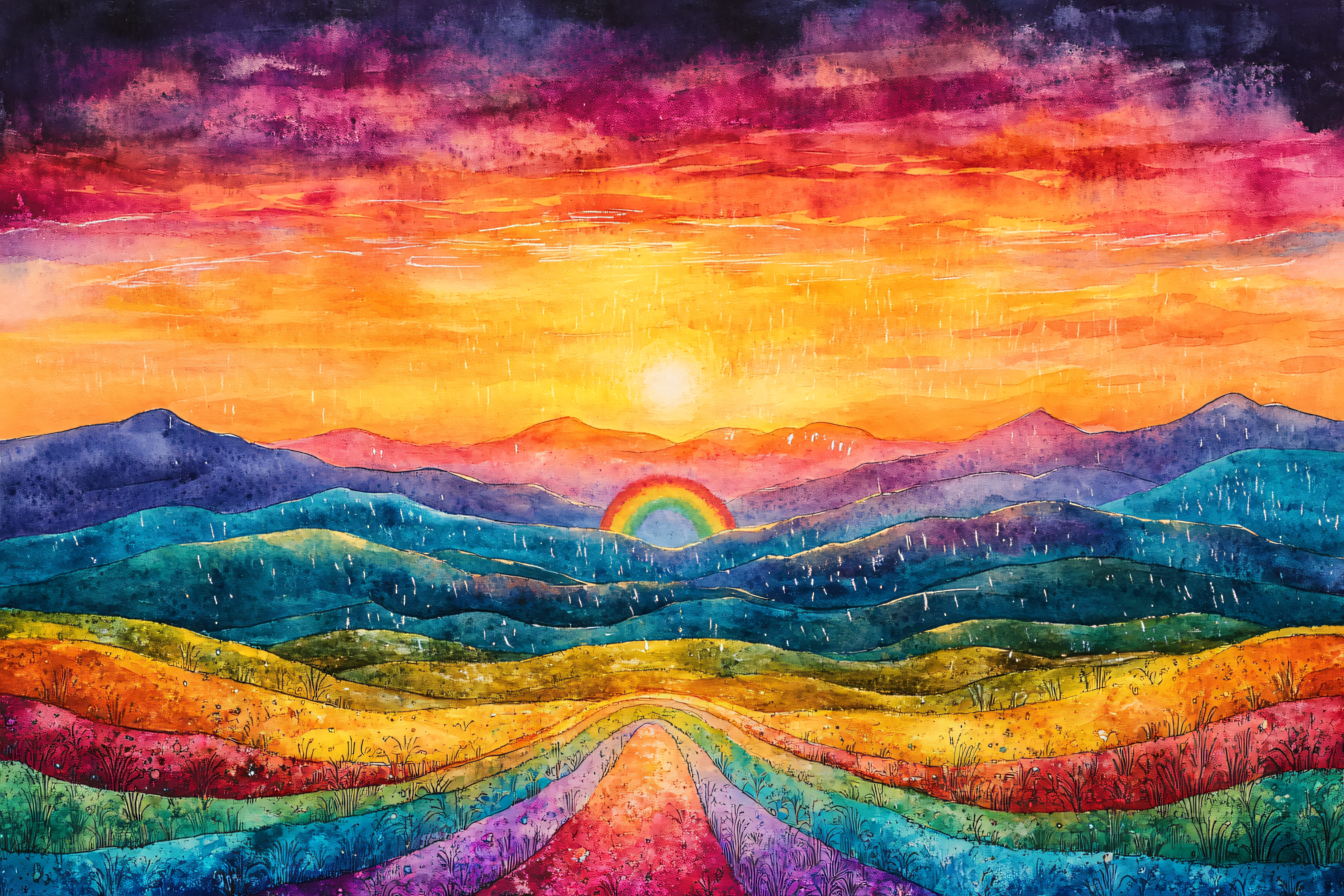 Rainbow Landscape Watercolor