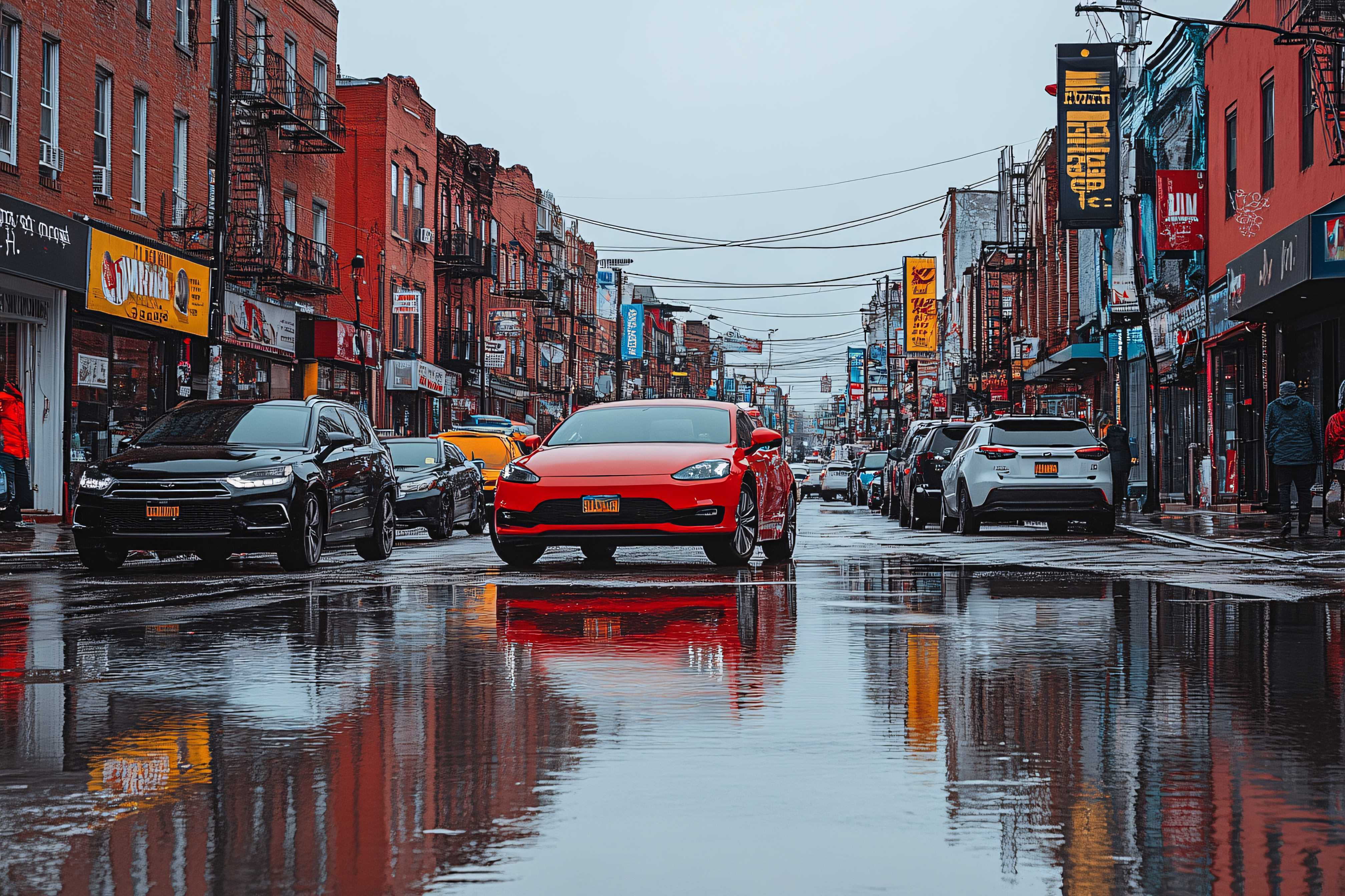 Rainy City Street with Red Car