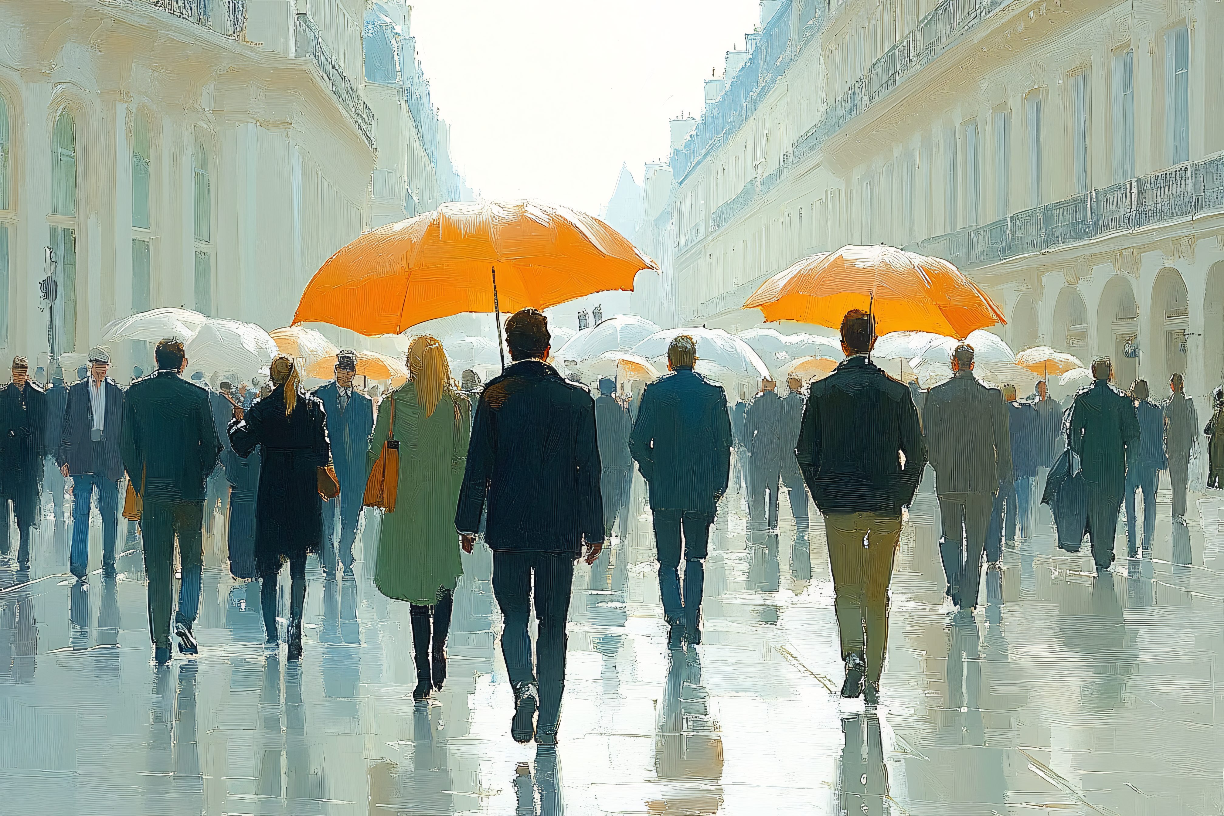 Rainy Day Stroll Under Umbrellas