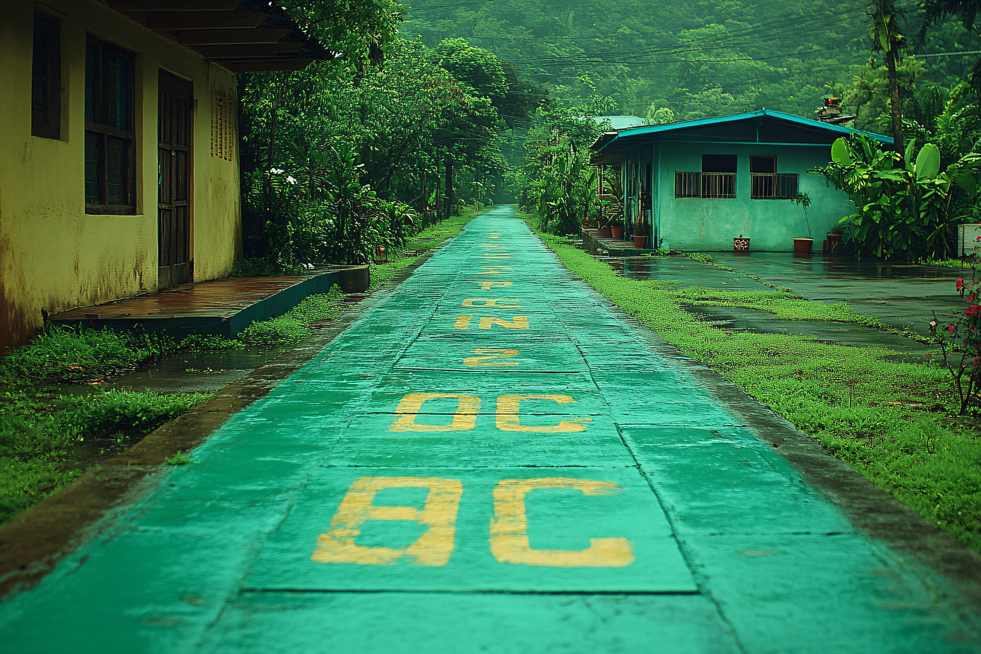 Rainy Pathway with Yellow Letters