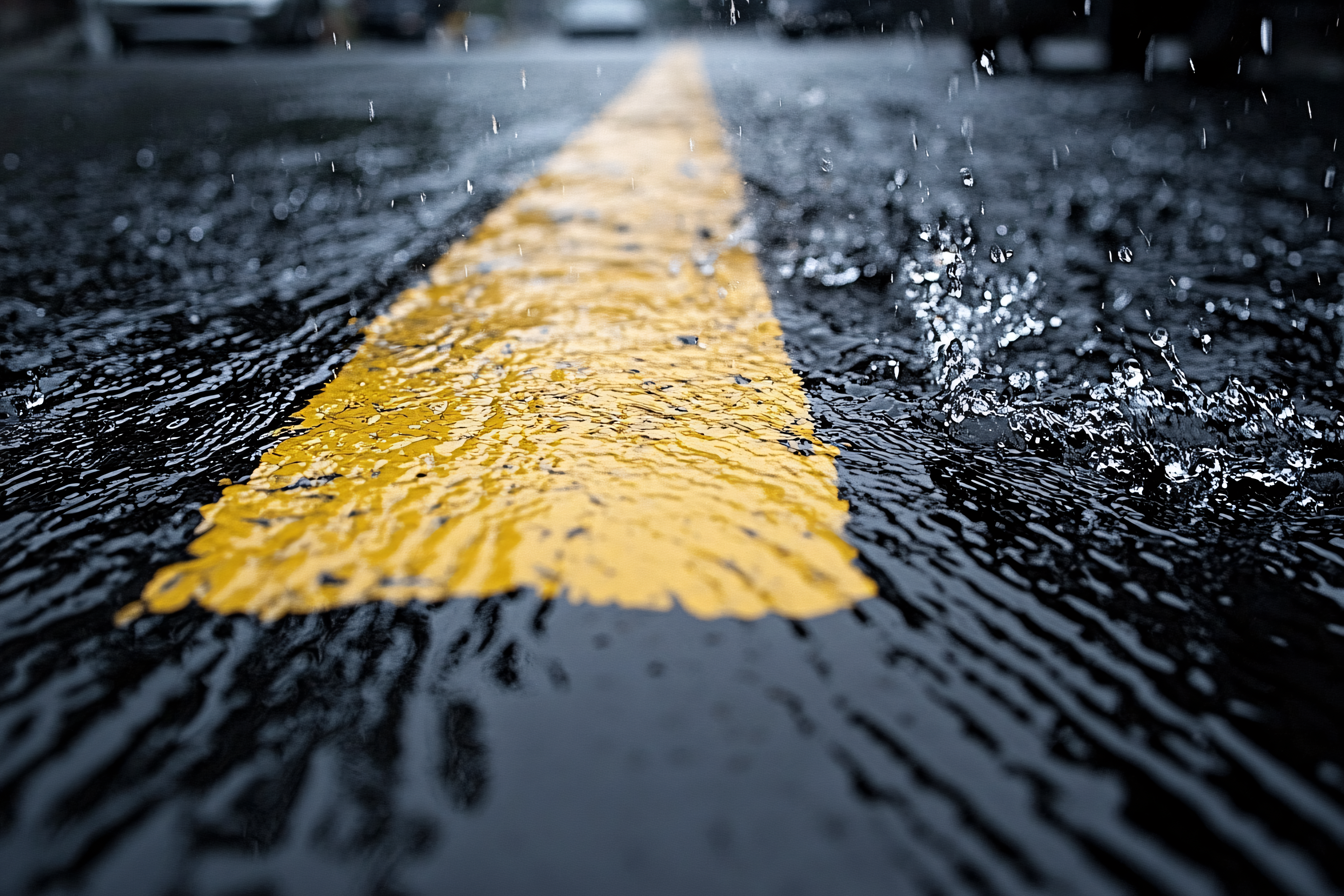 Rainy Road with Yellow Stripe