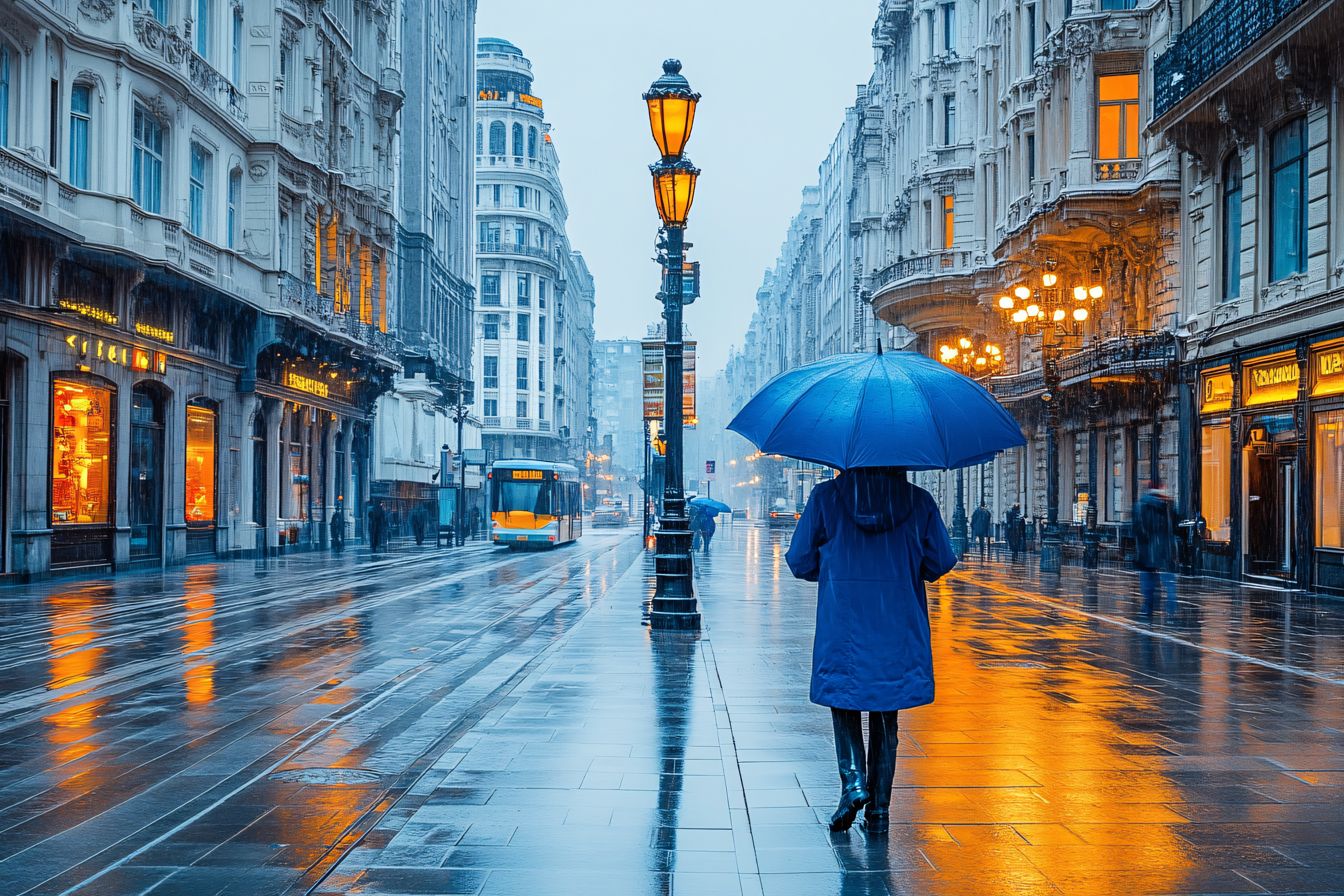 Rainy Street in City with Person Holding Umbrella