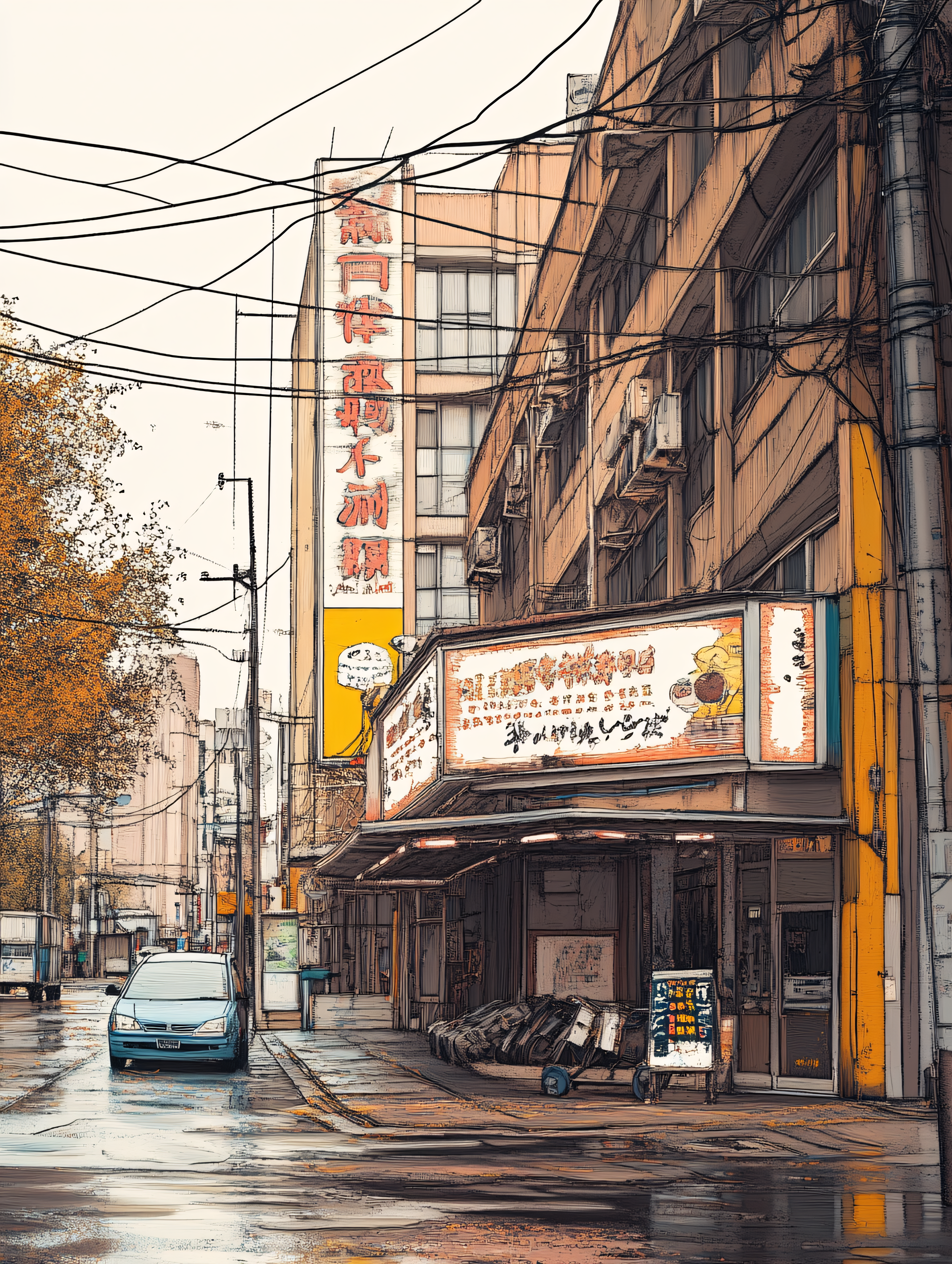 Rainy Street Scene With Asian Signage