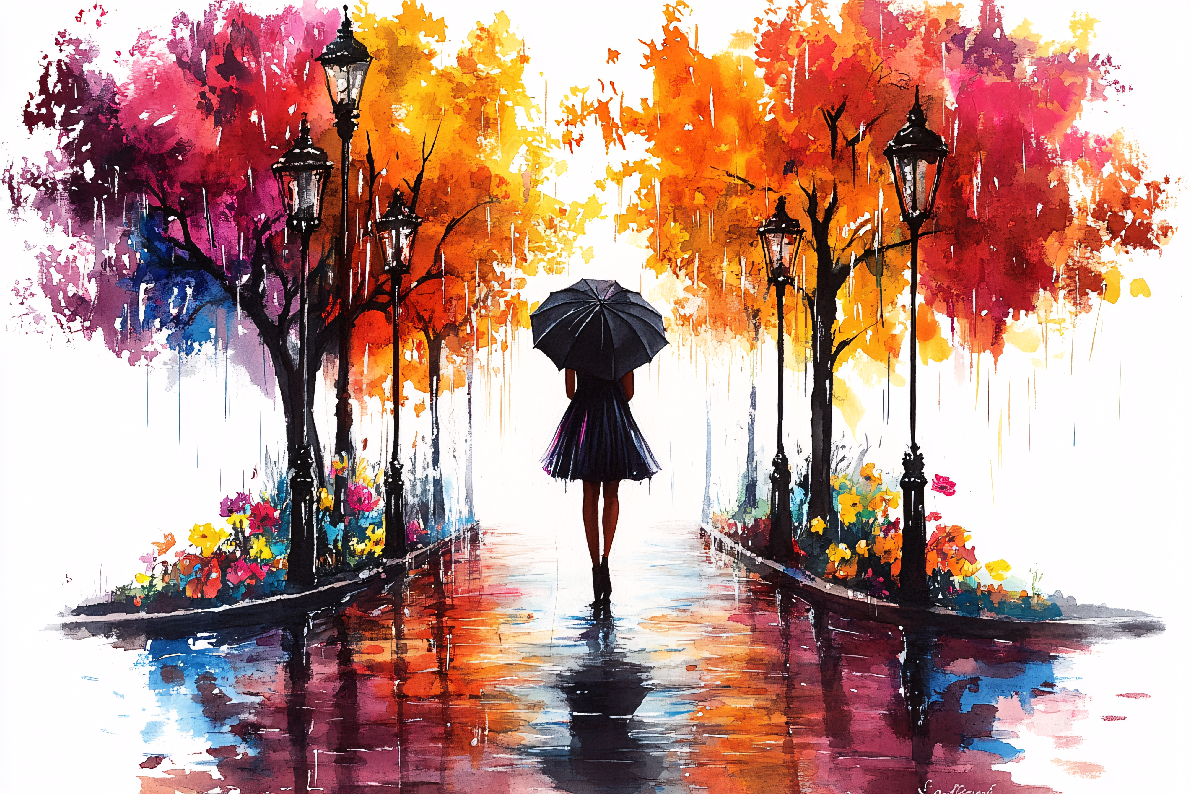 Rainy Walk Under Colorful Trees
