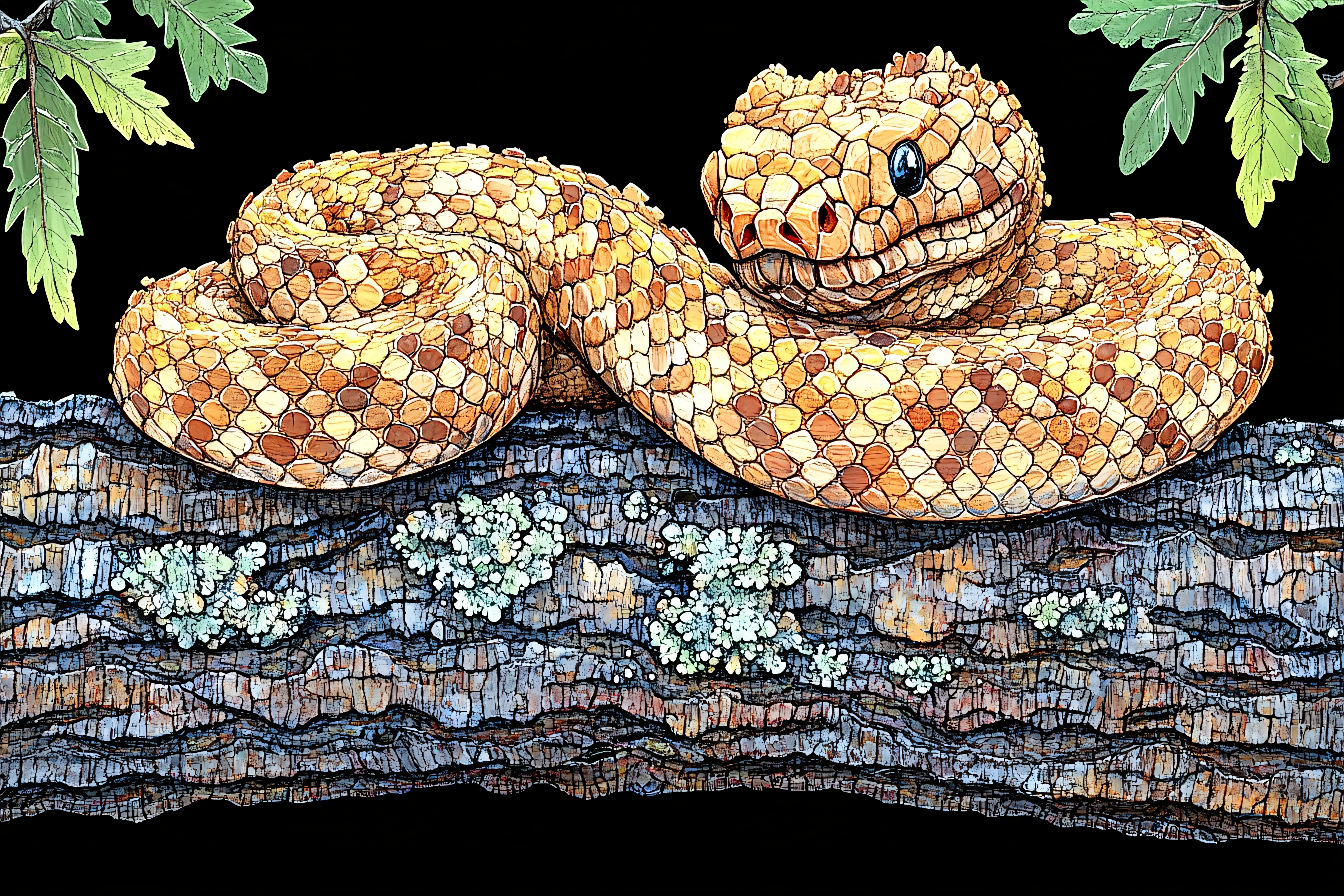 Rattlesnake Coiled On Branch Illustration